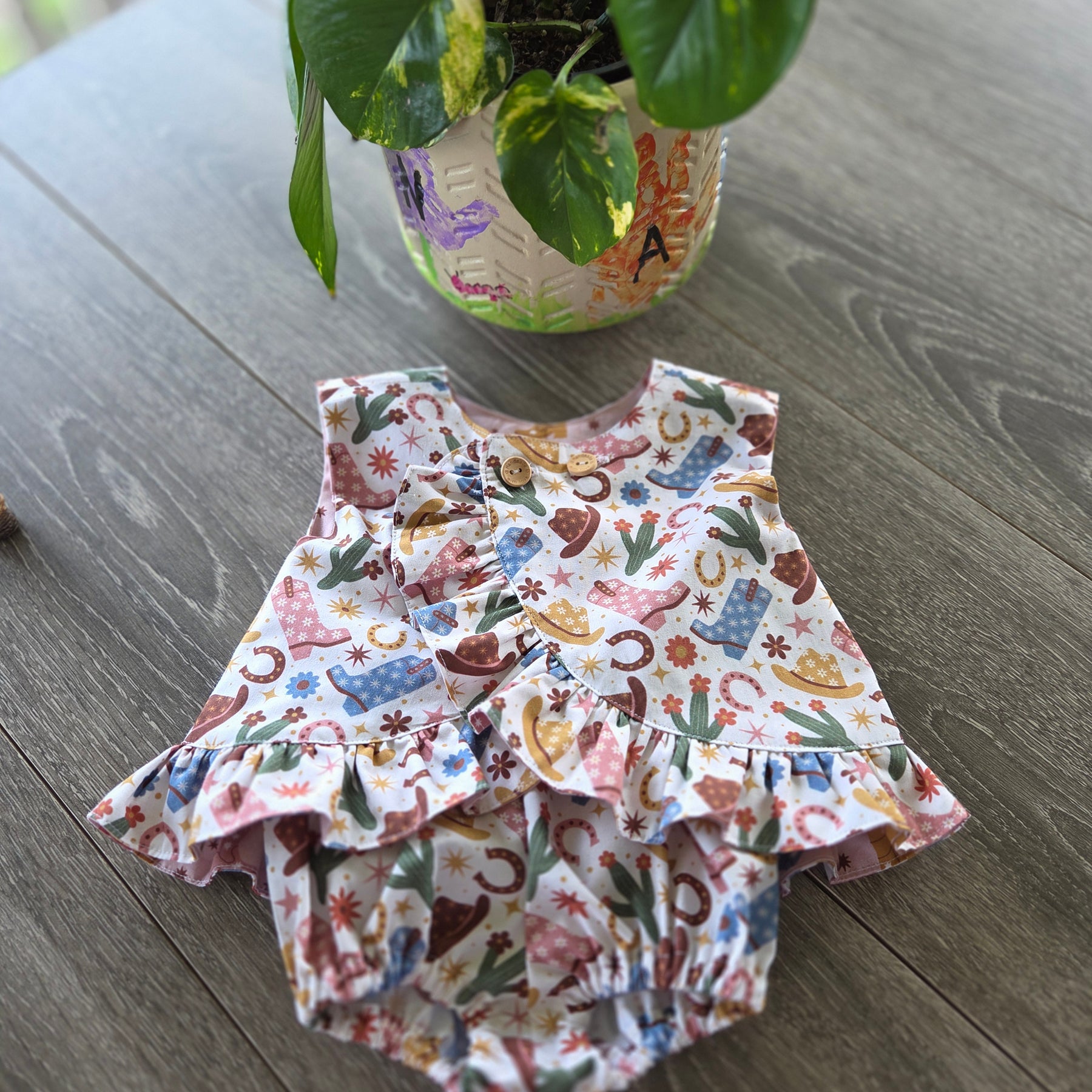 "Little Cowgirl Dreams" Reversible Wrap Top & Bloomers (3-6 Months)