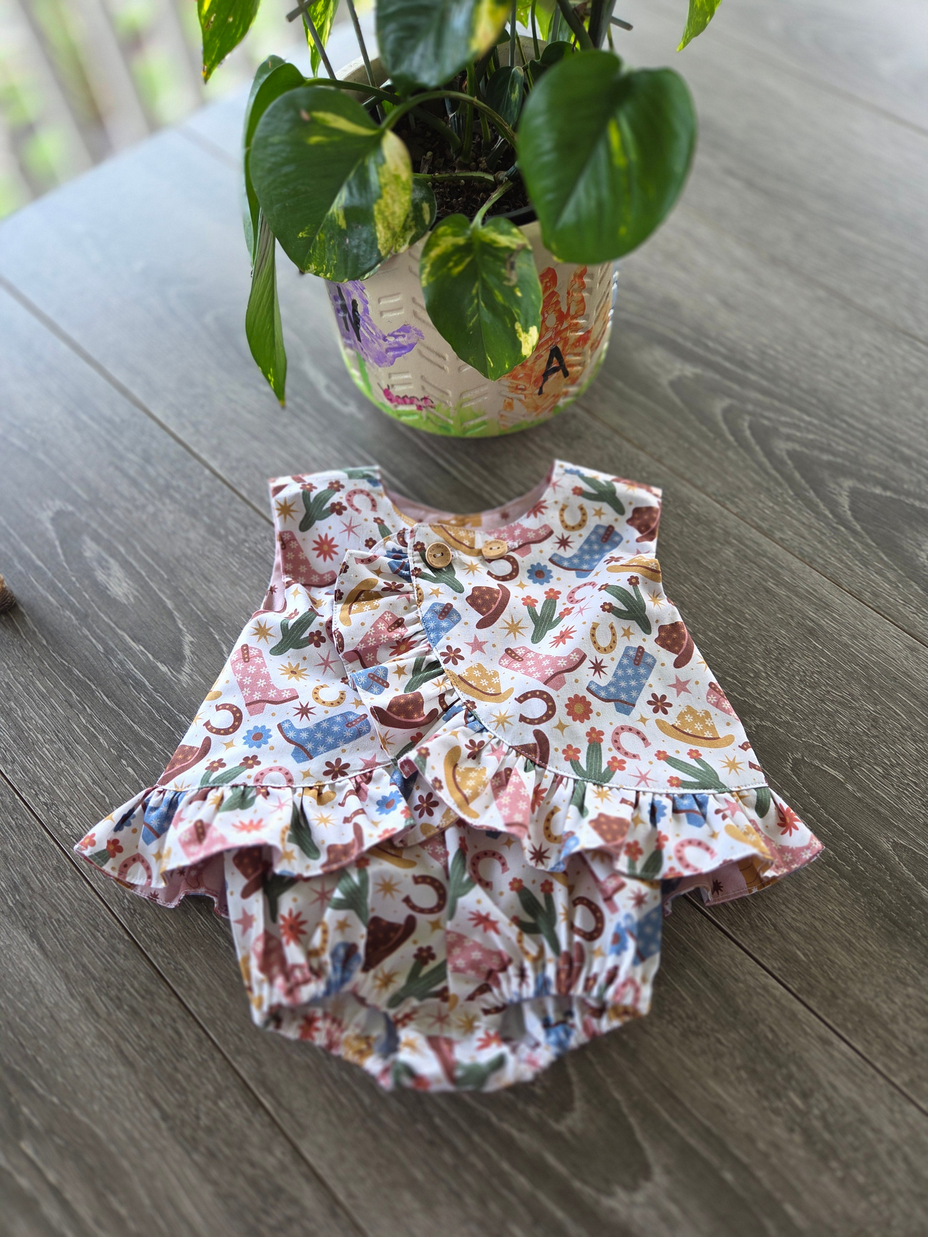 "Little Cowgirl Dreams" Reversible Wrap Top & Bloomers (3-6 Months)