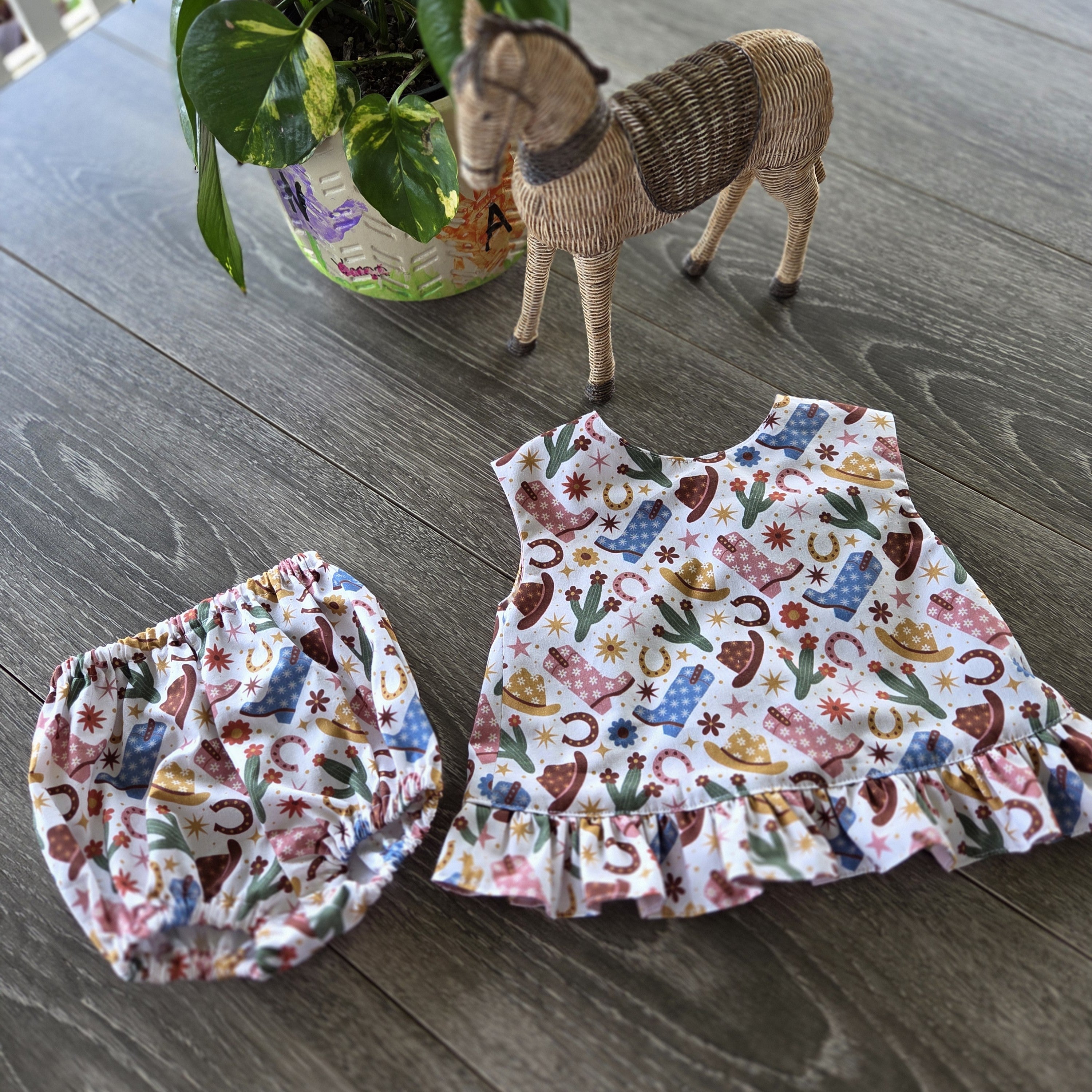 "Little Cowgirl Dreams" Reversible Wrap Top & Bloomers (3-6 Months)