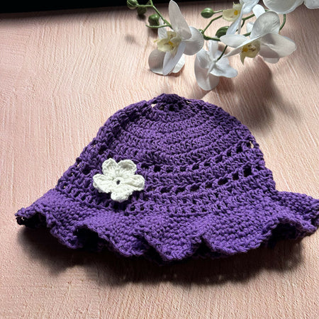 Crochet Childs Sun Hat with ruffle brim - 4+ Purple