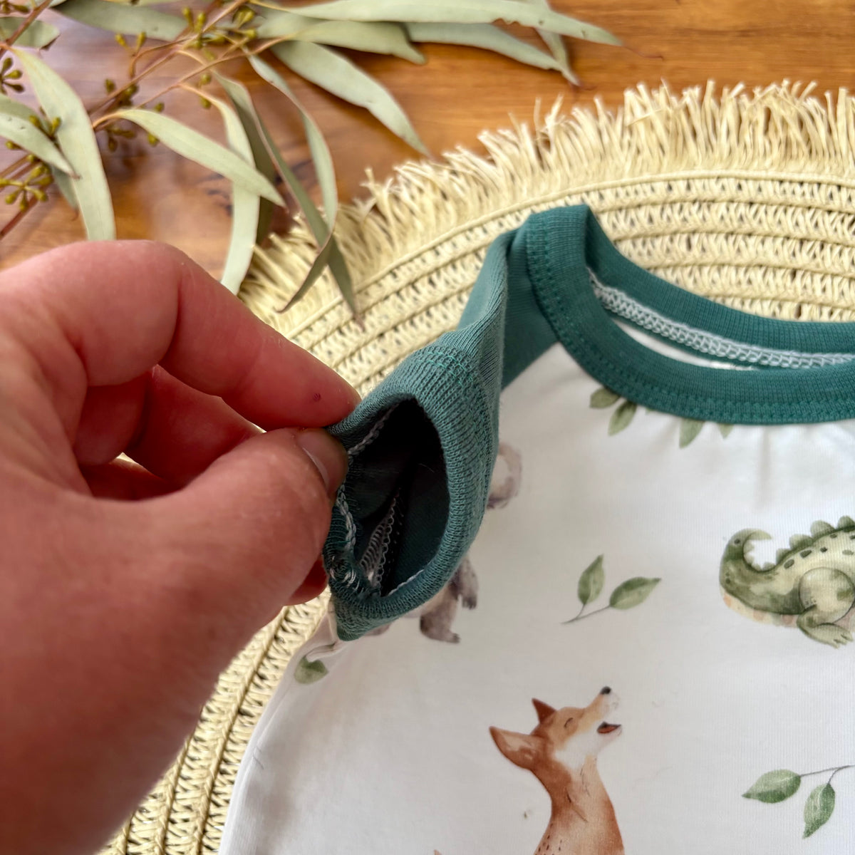 Baby Short Sleeved Bodysuit | Dark Green Aussie Animals | Size premmie to 2 | Made to order