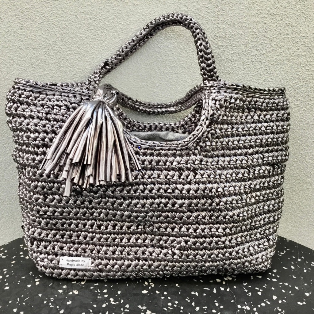 Crocheted Faux-Leather Basket Bag