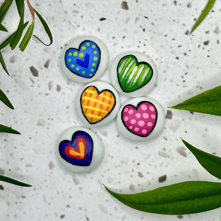 Set of 5 hand painted glass happiness pebbles- Bright hearts