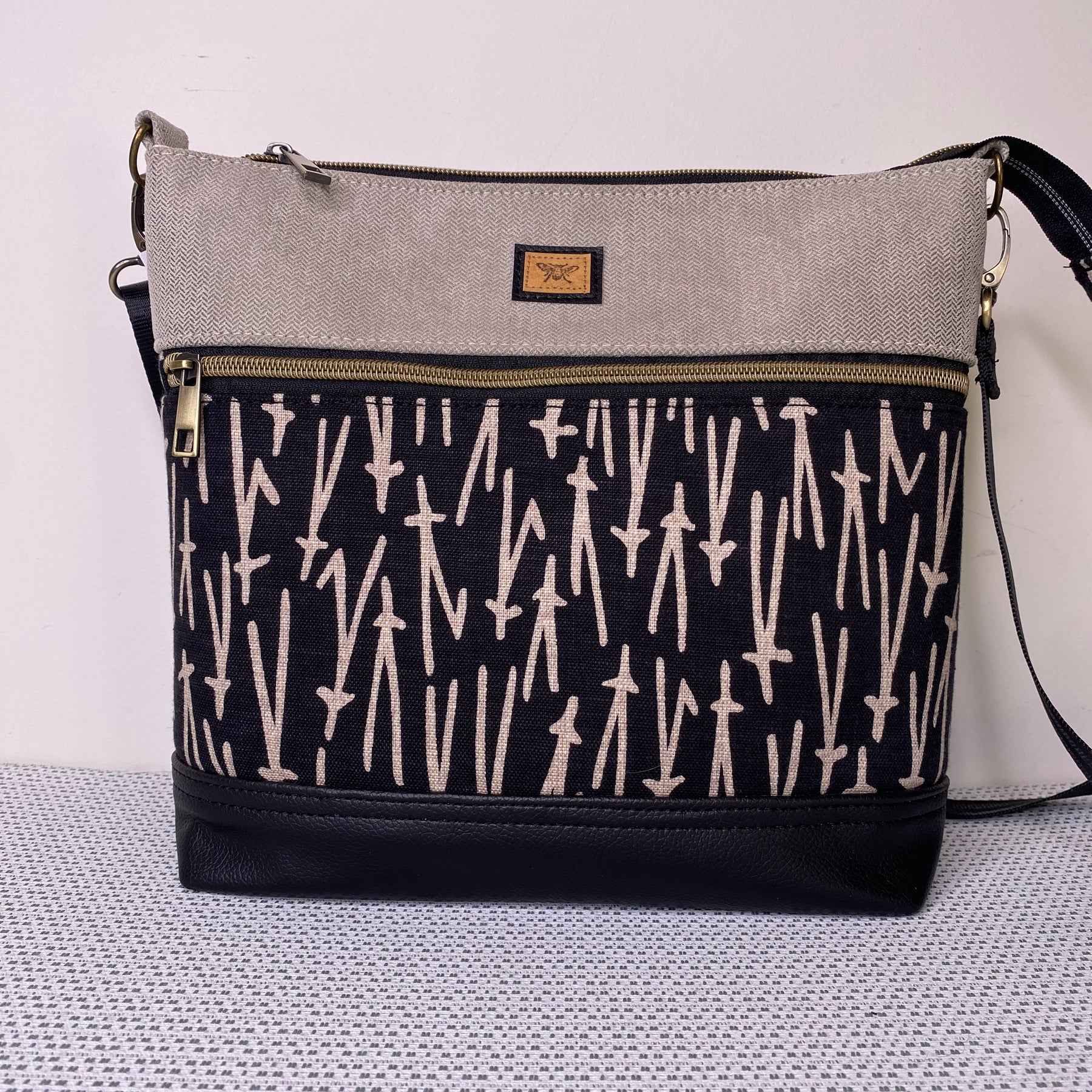 Lola Crossbody Bag - Contemporary Brown Print and Beige Fabric with Dark BrownFaux Leather Base