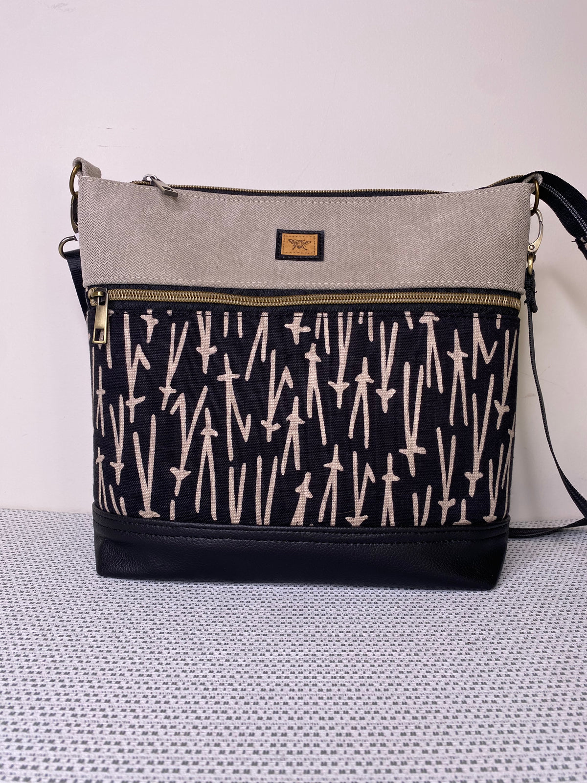 Lola Crossbody Bag - Contemporary Brown Print and Beige Fabric with Dark BrownFaux Leather Base
