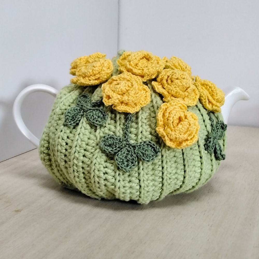 Yellow-roses-medium-large-teacosy-right-white-teapot-Australian-made-watch-the-birdy-crochet