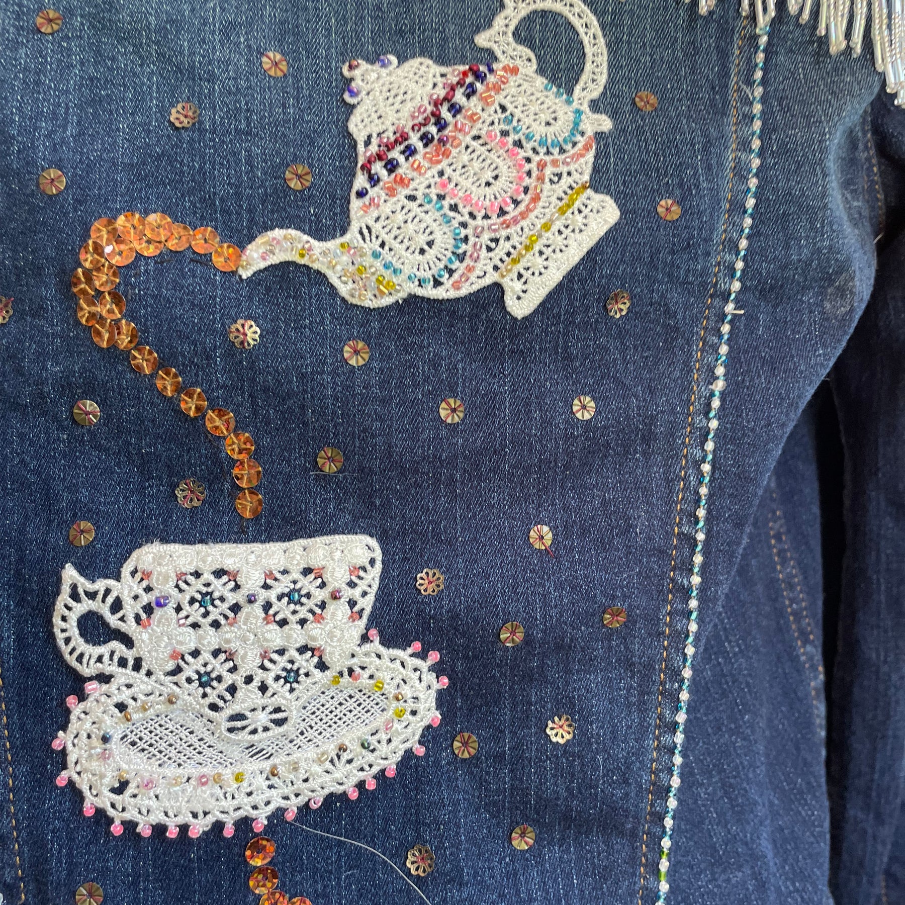 Upcycled Denim Jacket, Hand Beaded Teapot Embroidery