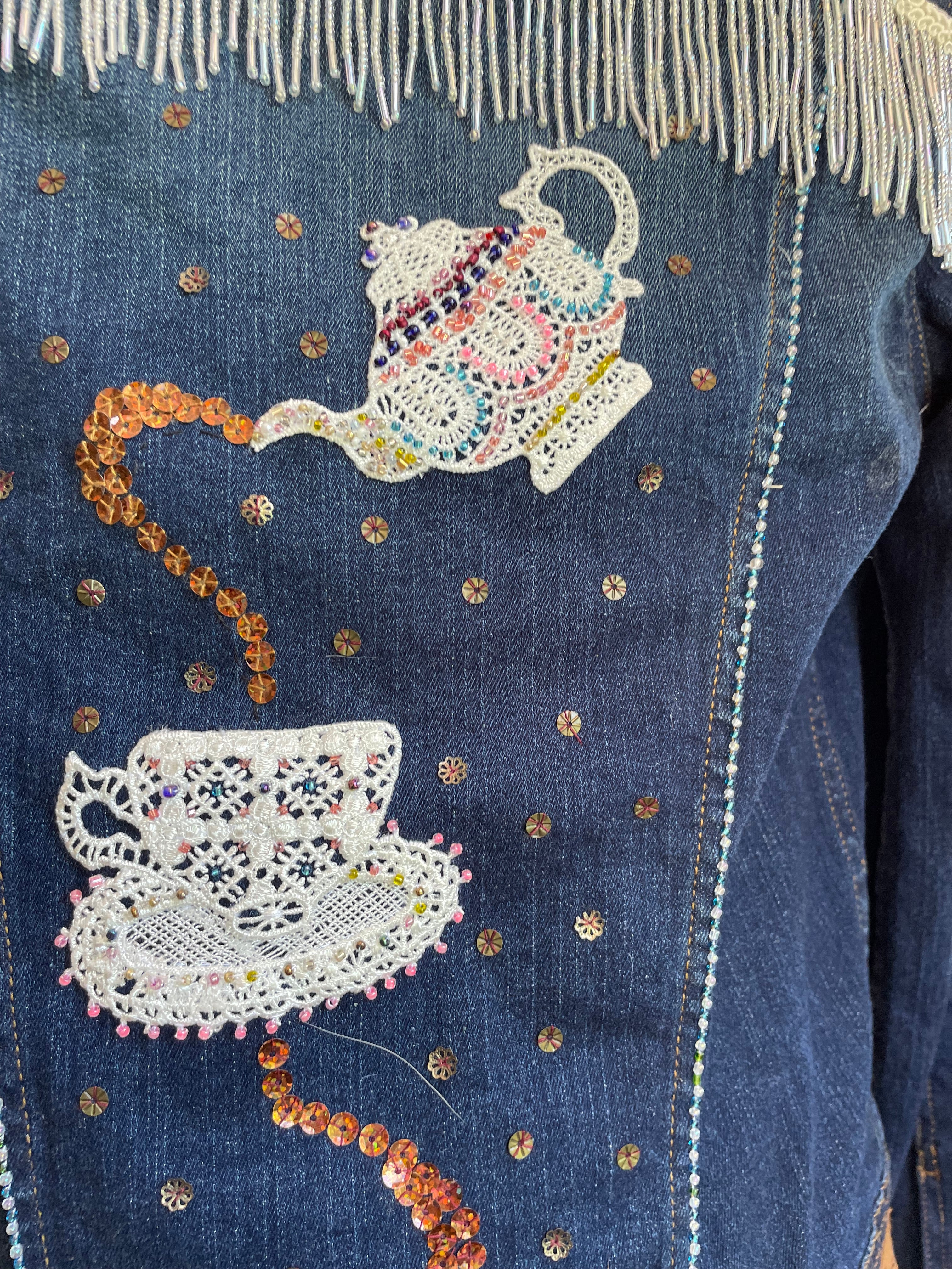 Upcycled Denim Jacket, Hand Beaded Teapot Embroidery