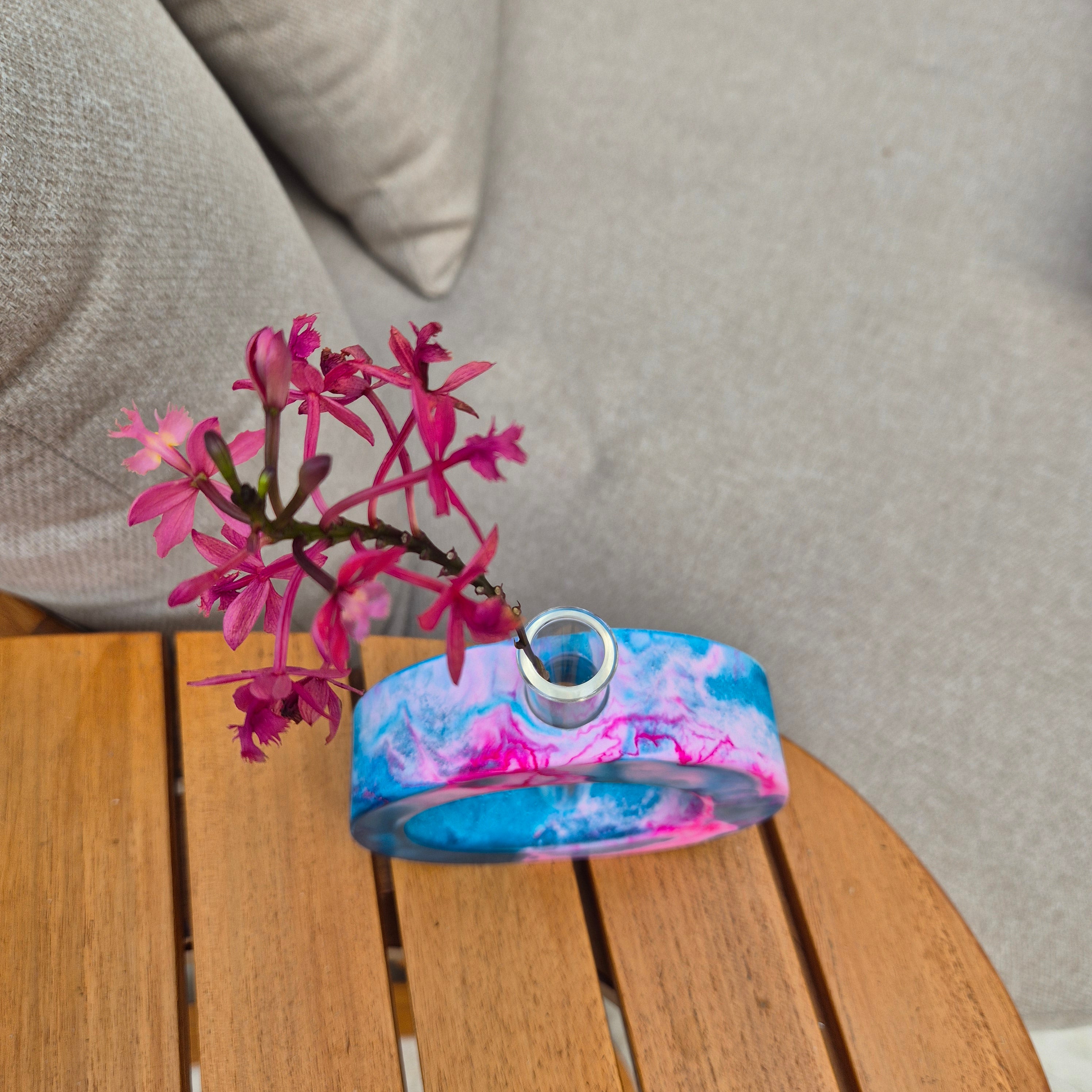Turquoise and pink concrete test tube single stem vase
