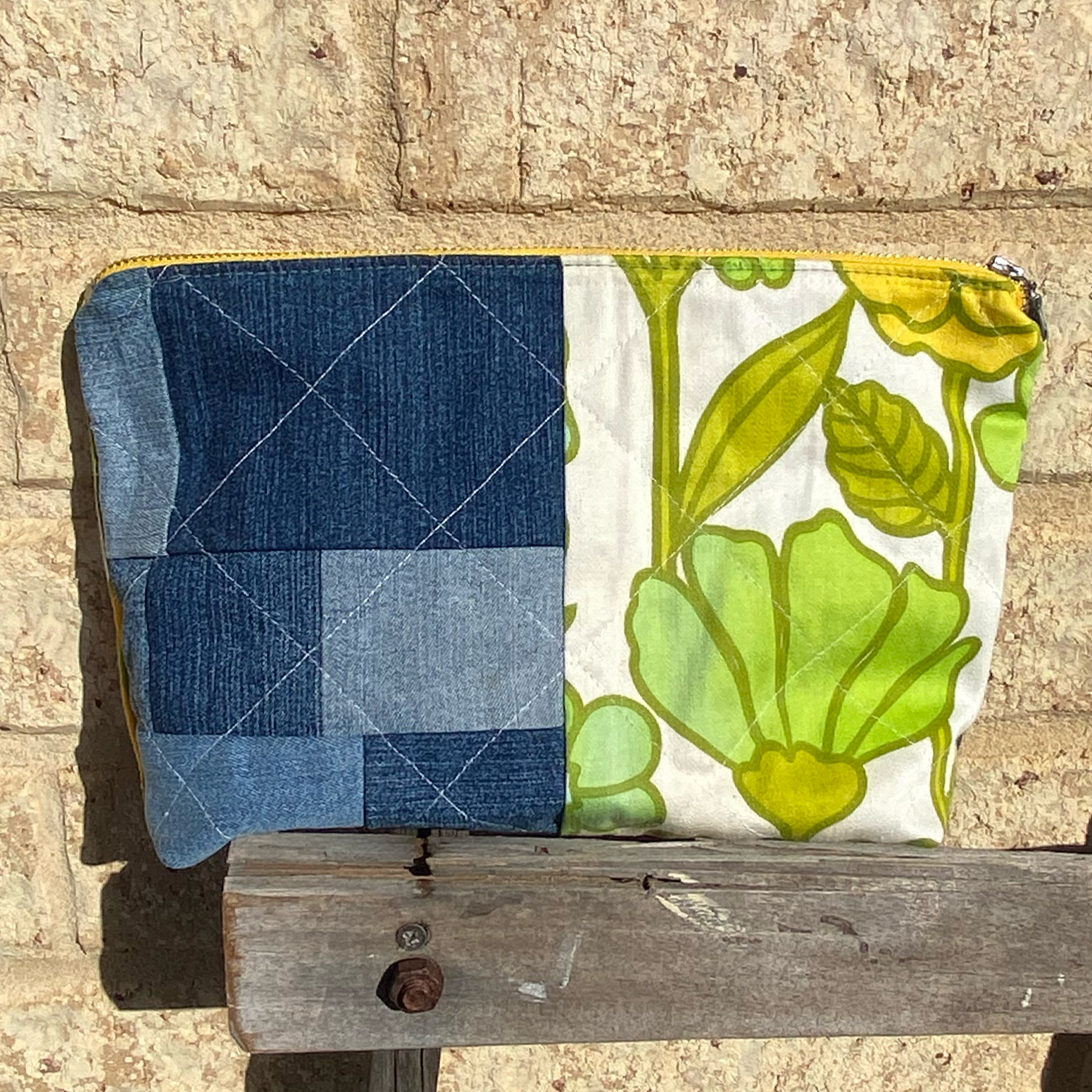 Handmade Pouch Cosmetic Bag Upcycled Vintage Retro Yellow Marigold