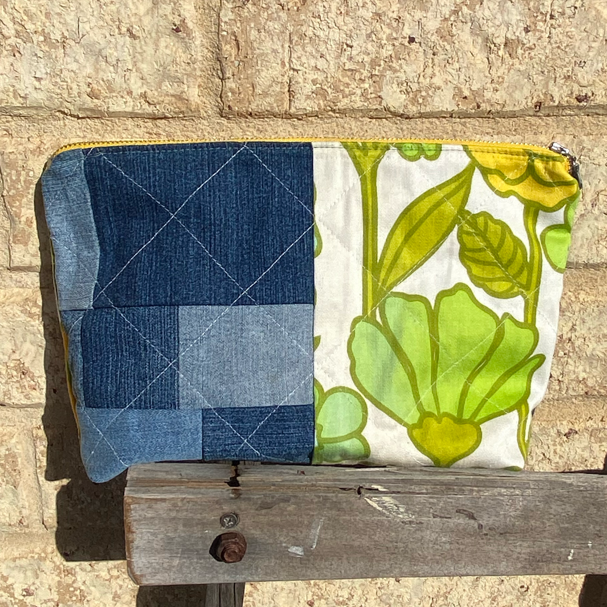 Handmade Pouch Cosmetic Bag Upcycled Vintage Retro Yellow Marigold
