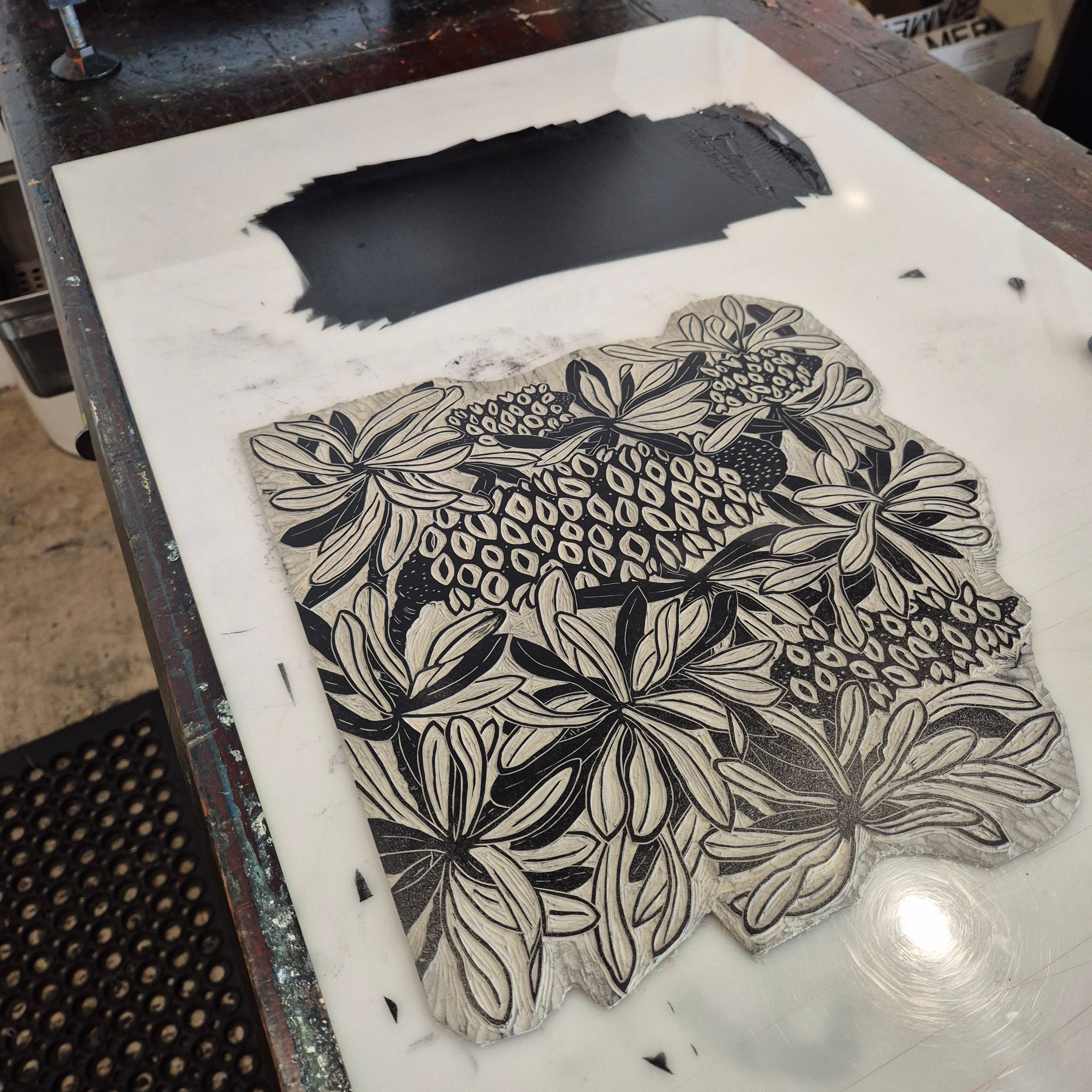 Banksia linocut chine colle artwork Awagami paper