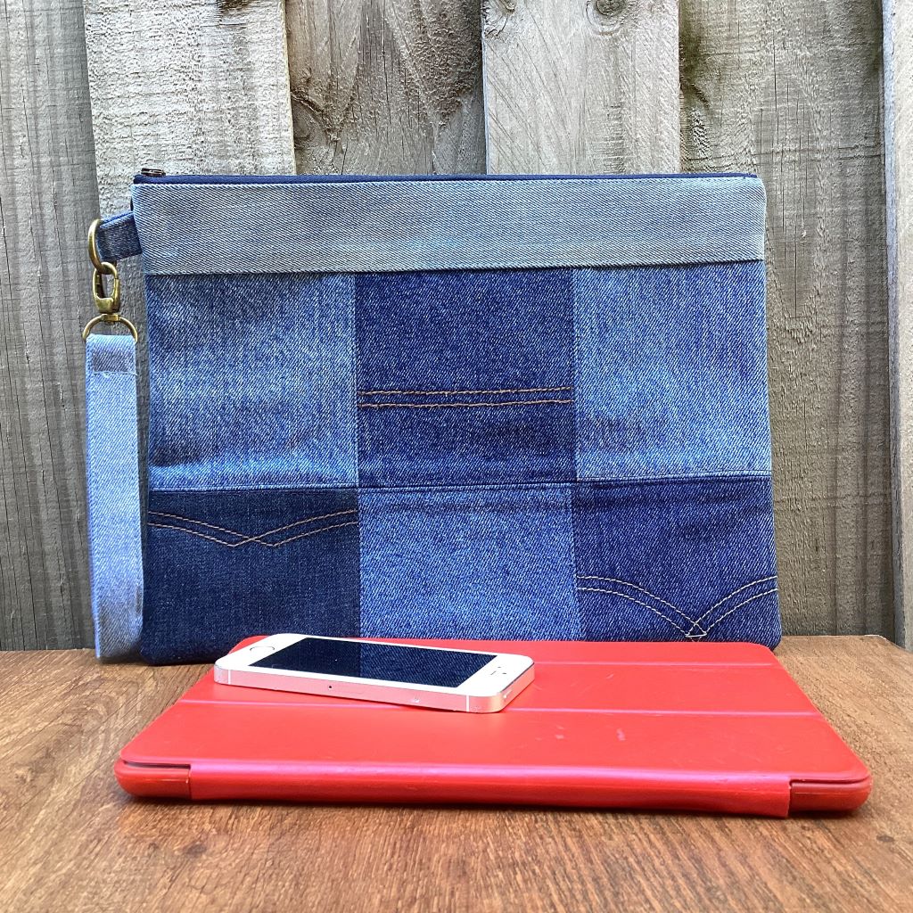 Large Upcycled Denim Pouch #3 - Patchwork Squares