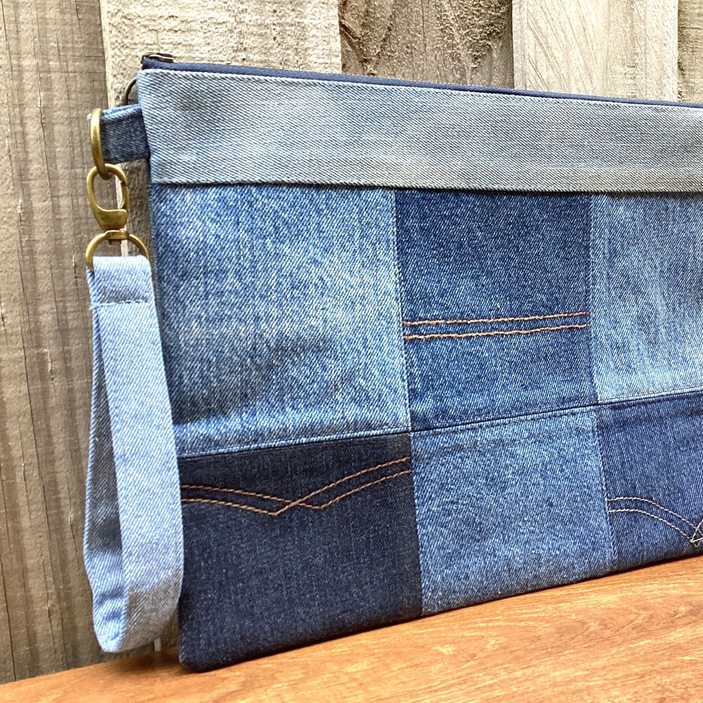 Large Upcycled Denim Pouch #3 - Patchwork Squares