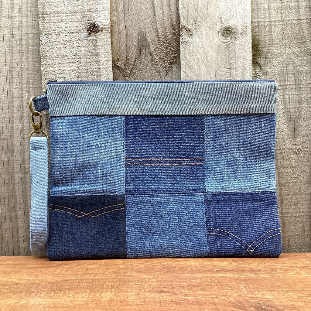 Large Upcycled Denim Pouch #3 - Patchwork Squares