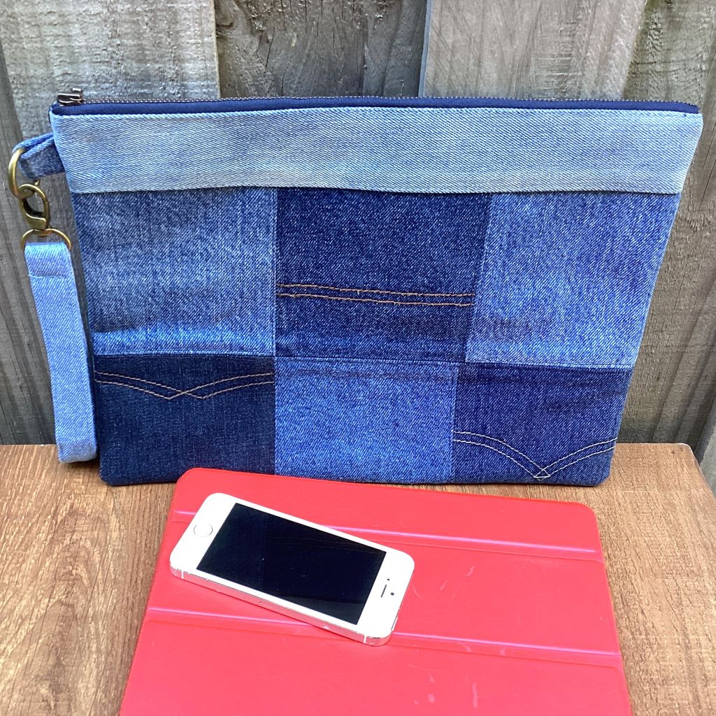 Large Upcycled Denim Pouch #3 - Patchwork Squares