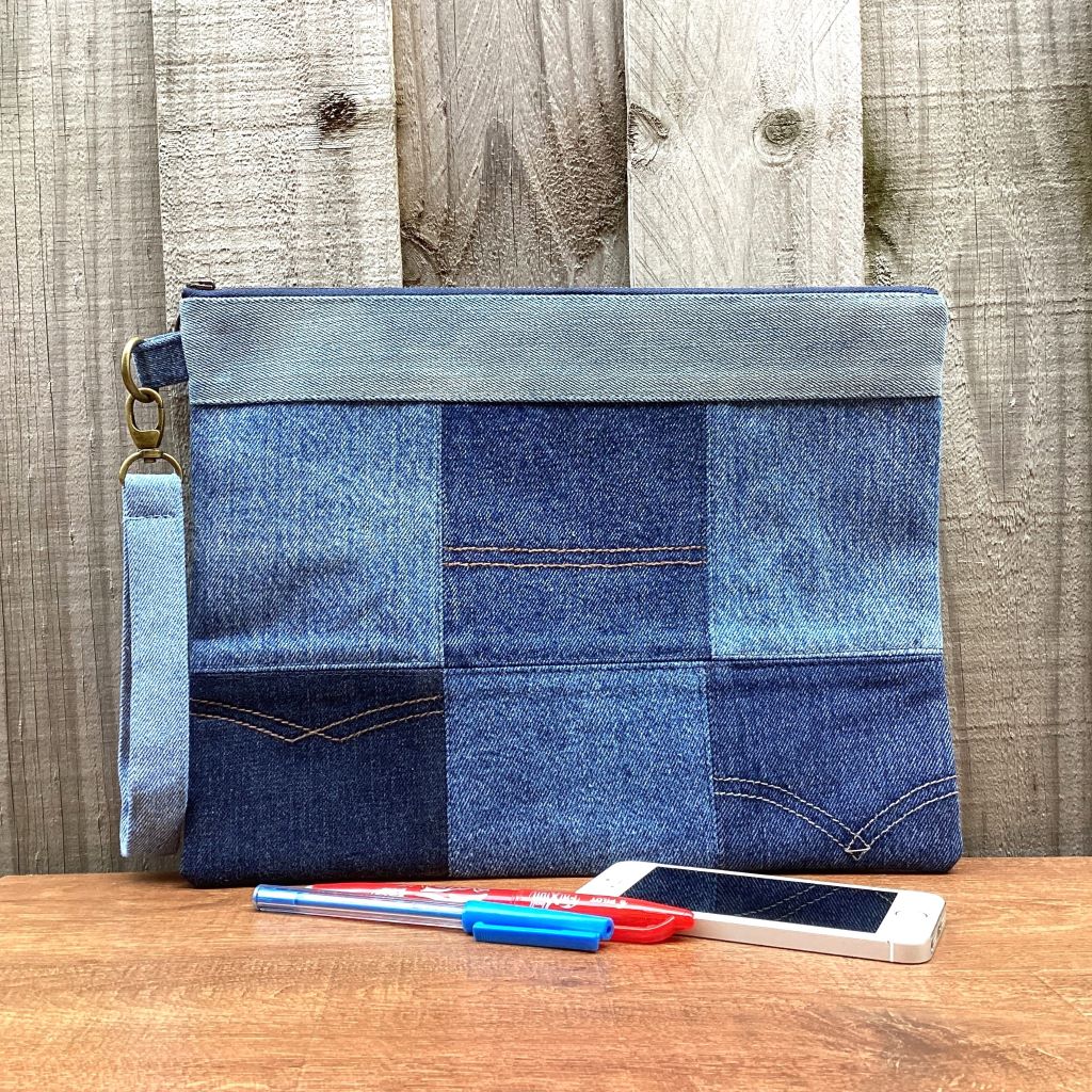 Large Upcycled Denim Pouch #3 - Patchwork Squares