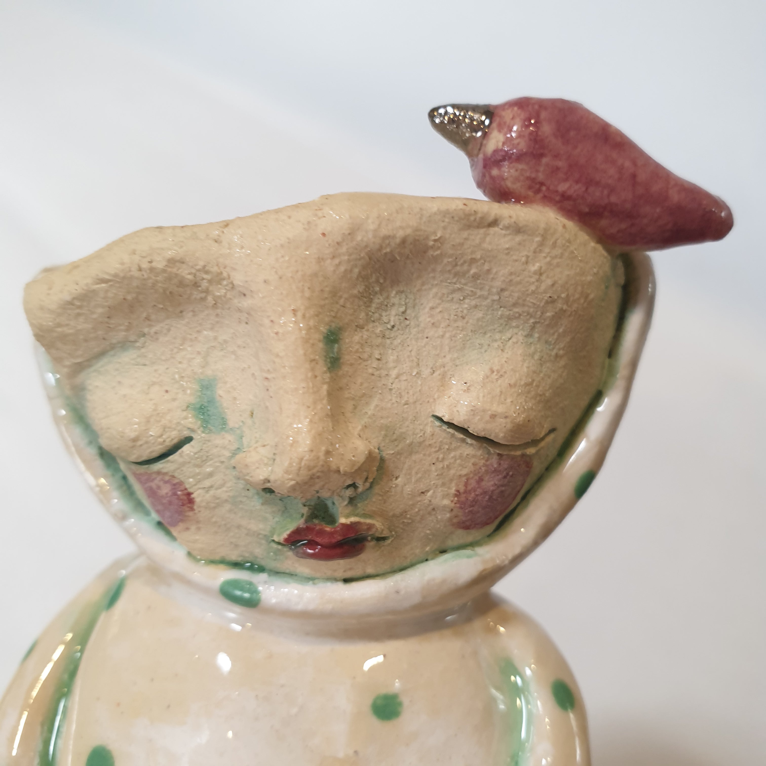little figure, clay, green pink