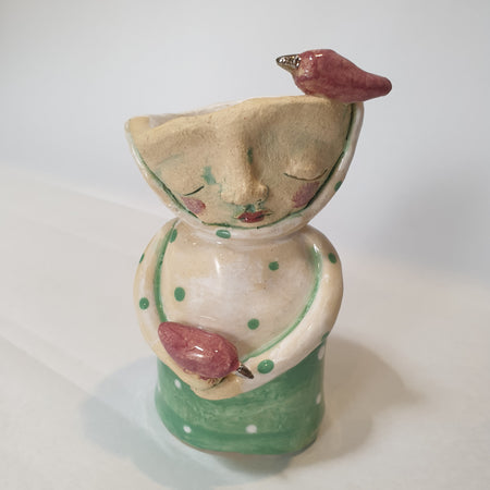 little figure, clay, green pink