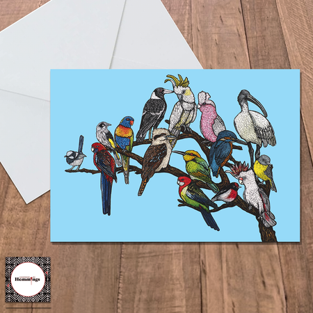 Bendigo Birds on a Branch Blue Greeting Card + Envelope