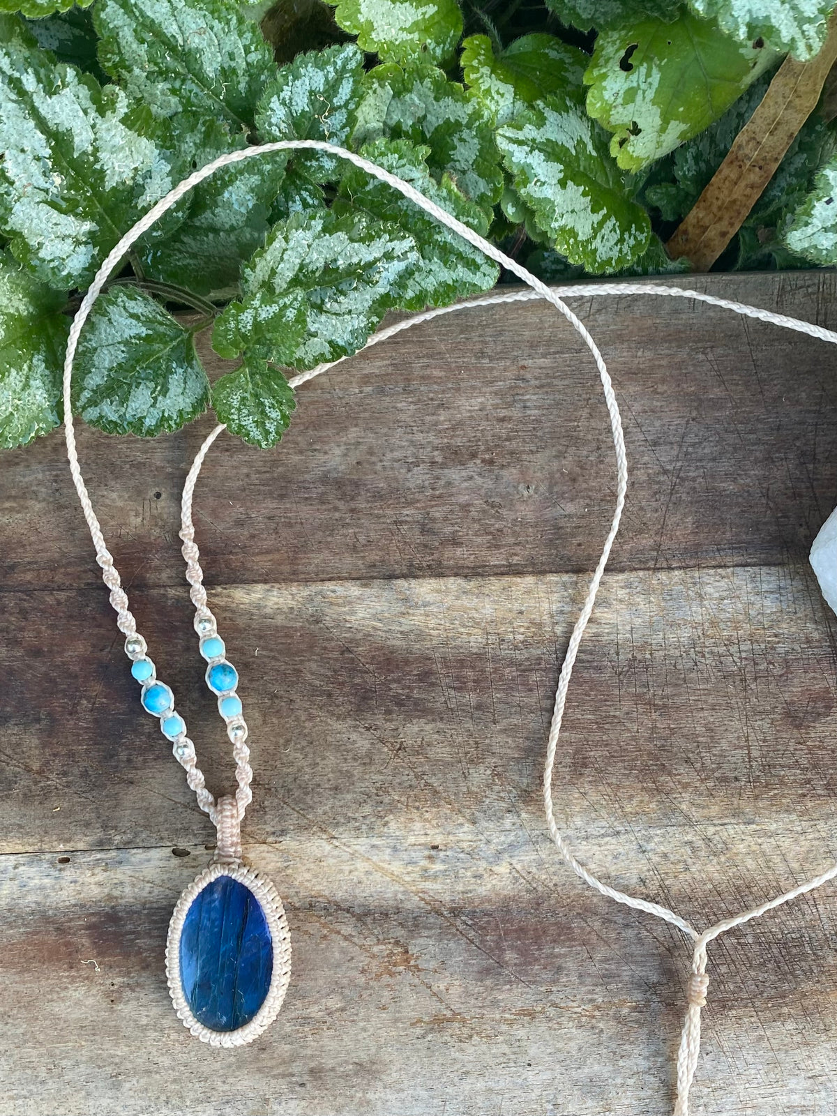 Blue Flash Labradorite Pendant: Beaded Macrame necklace, Adjustable Boho