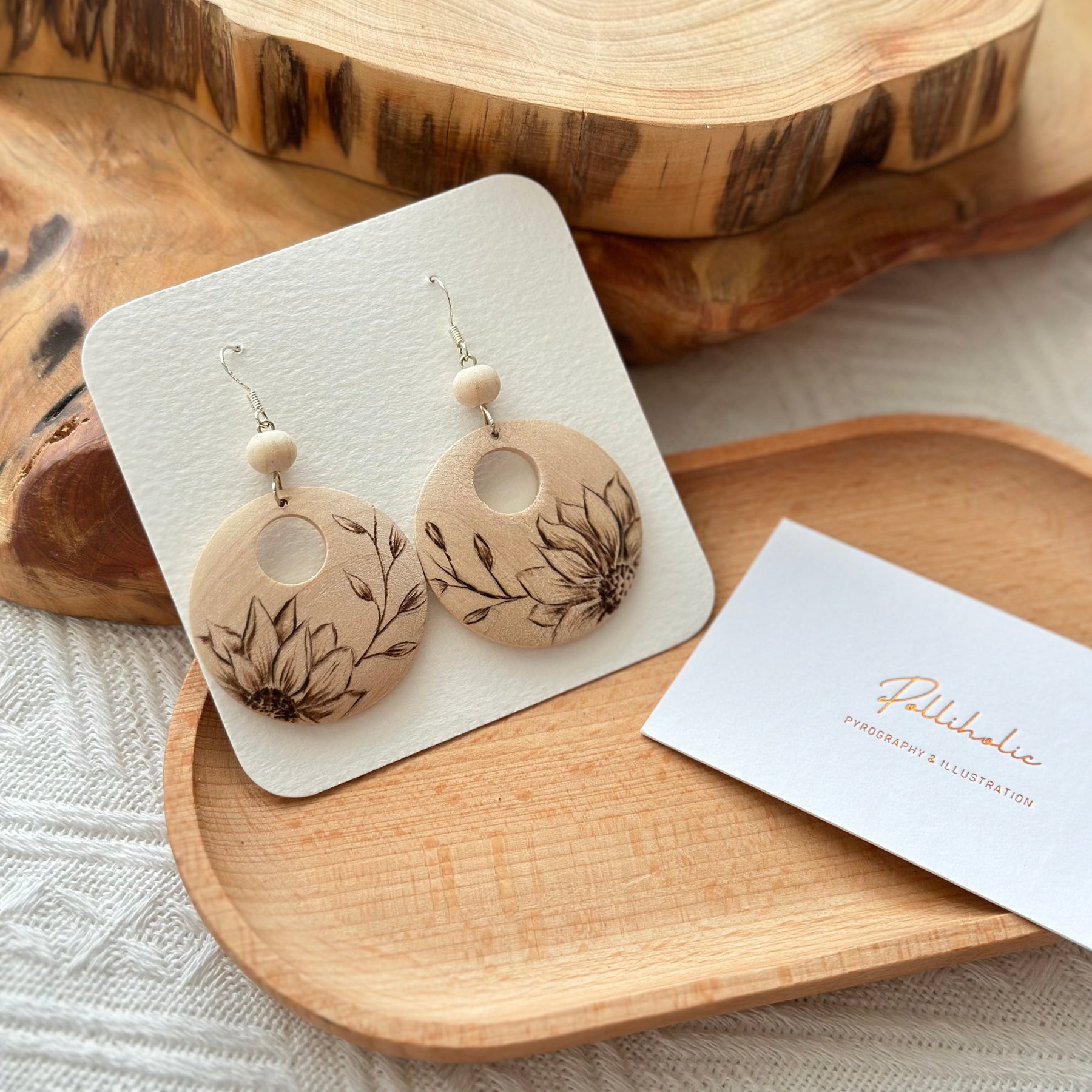 Flower Wood Earrings - Hand burnt Pyrography | Handmade Stunning Wooden Earrings HandBurnt