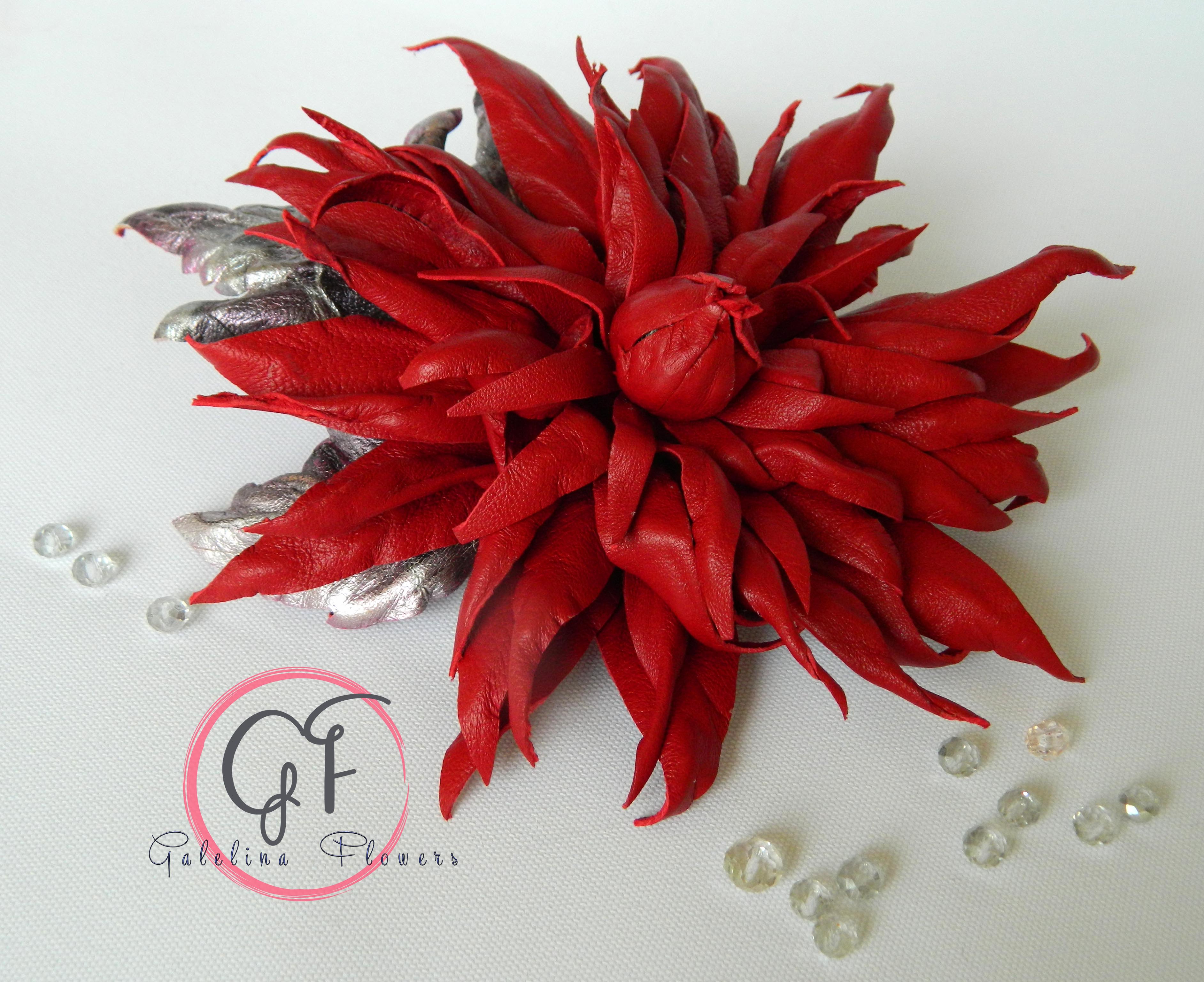 Leather Red Dahlia Brooch, Hair clip