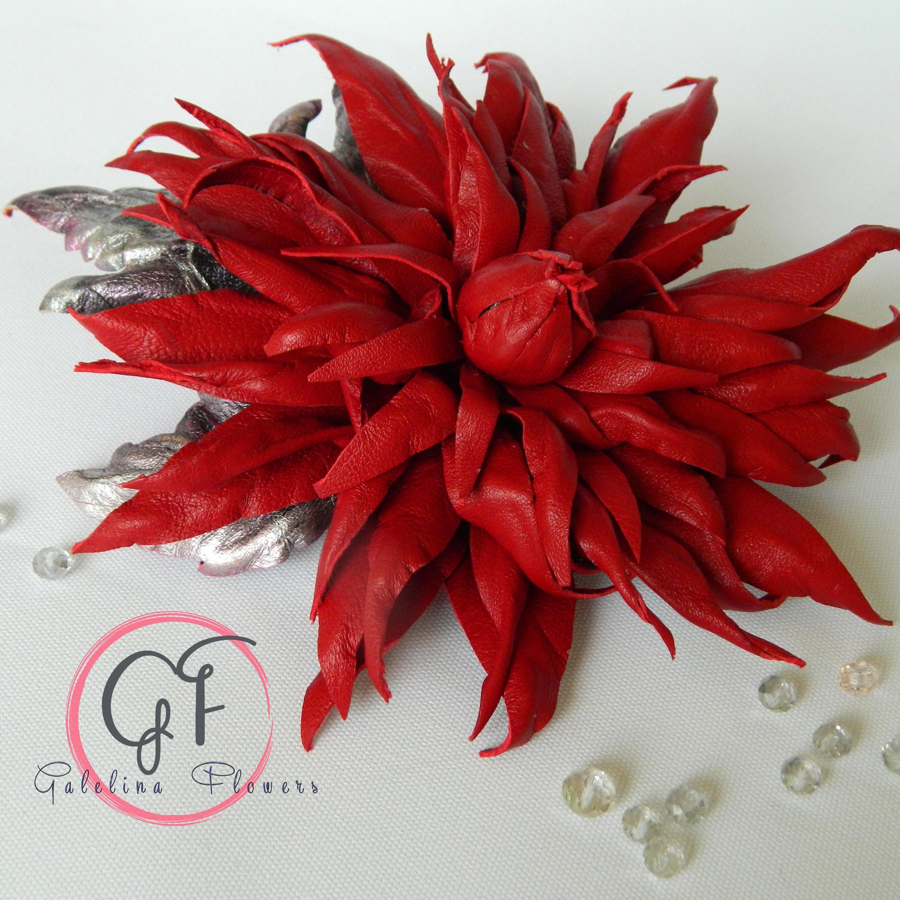 Leather Red Dahlia “Burning Petals” Brooch, Hair hat clip, Corsage Flower