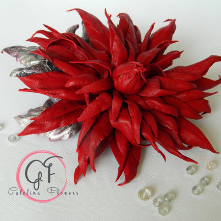 Leather Red Dahlia “Burning Petals” Brooch, Hair hat clip, Corsage Flower