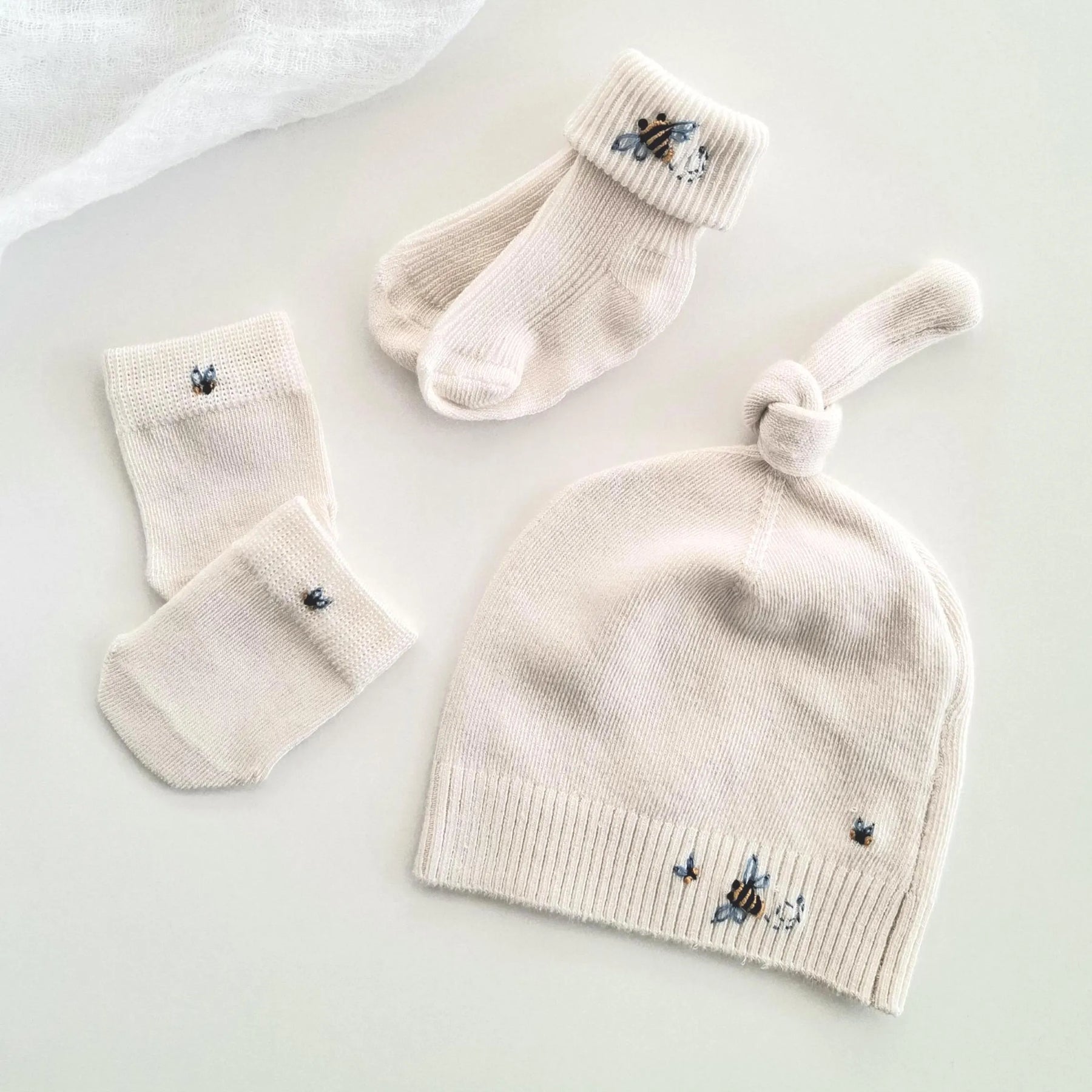 Hand Embroidered Baby Beanie, Socks, Mittens Set, Soft Knit Newborn Winter Essentials