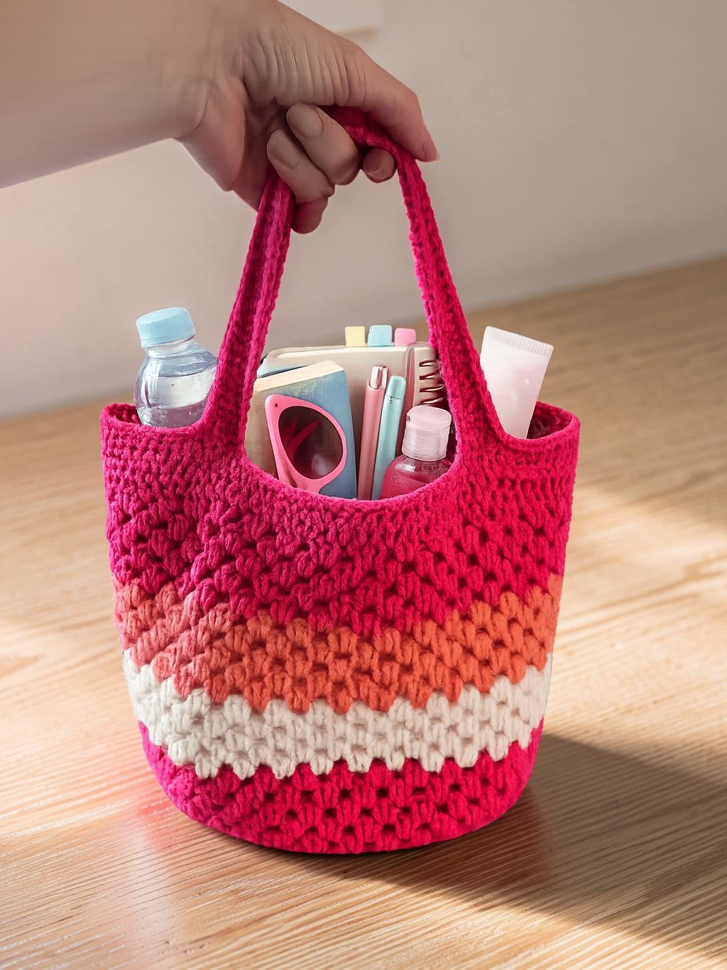 Handmade Crochet Tote Bag | Pink, Coral & Cream Lined Shoulder Bag