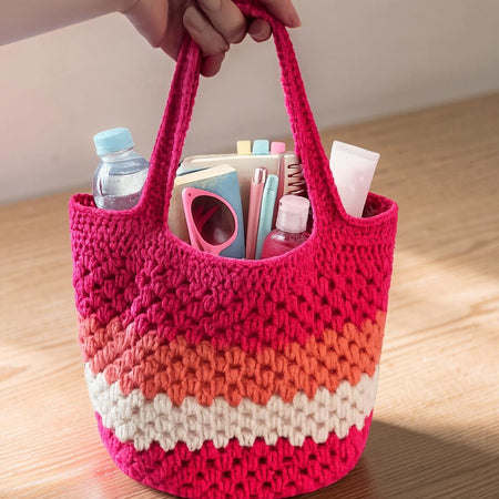 Handmade Crochet Tote Bag | Pink, Coral & Cream Lined Shoulder Bag