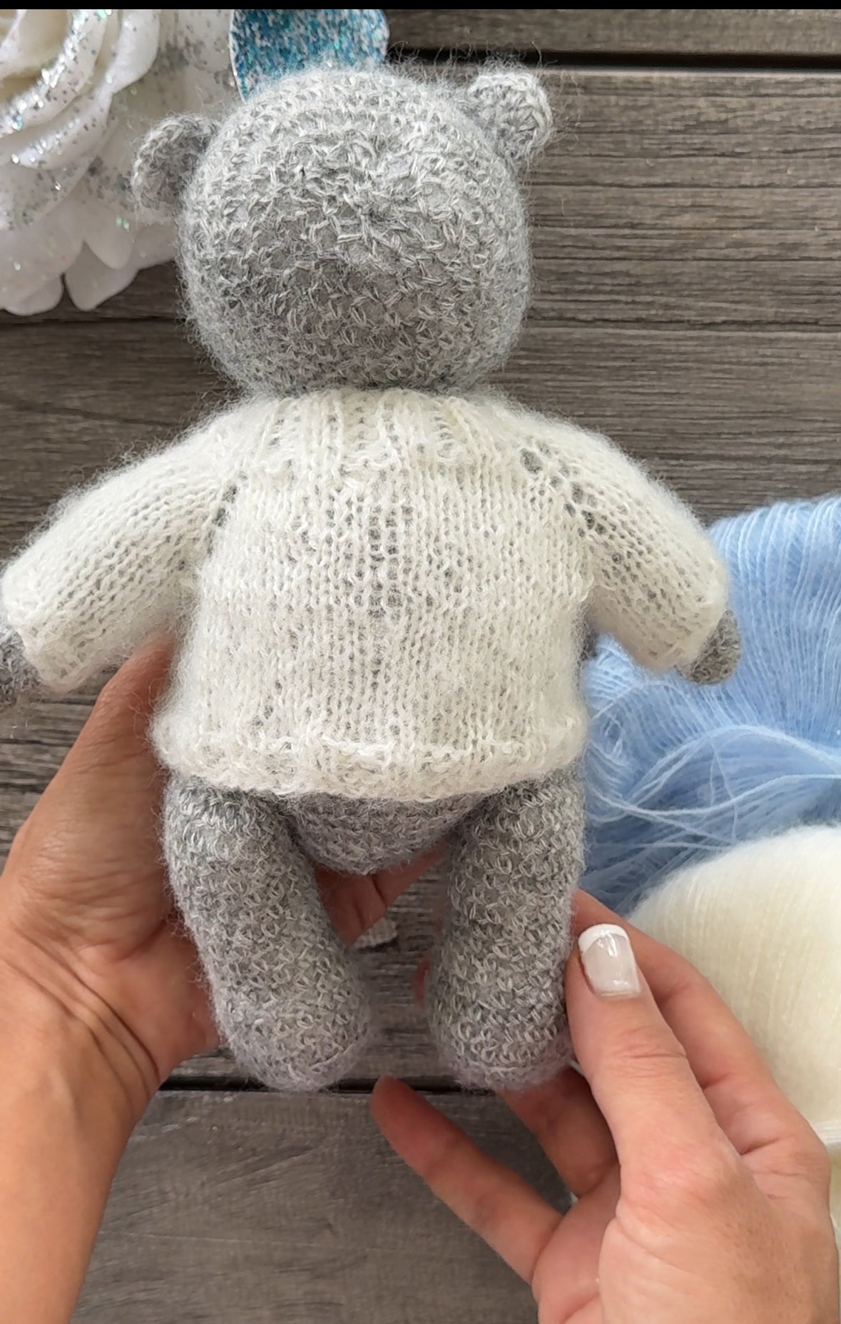 Grey Amigurumi Teddy Bear in the White Sweater with Heart Toy