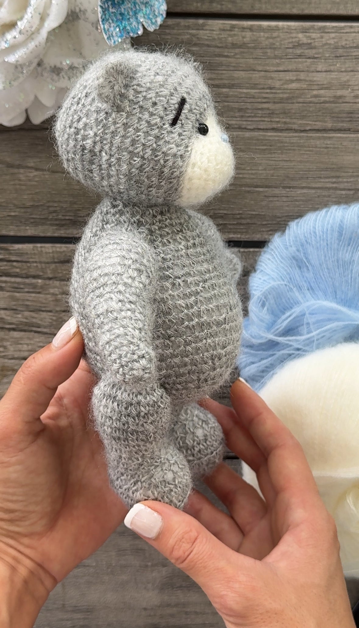 Grey Amigurumi Teddy Bear in the White Sweater with Heart Toy
