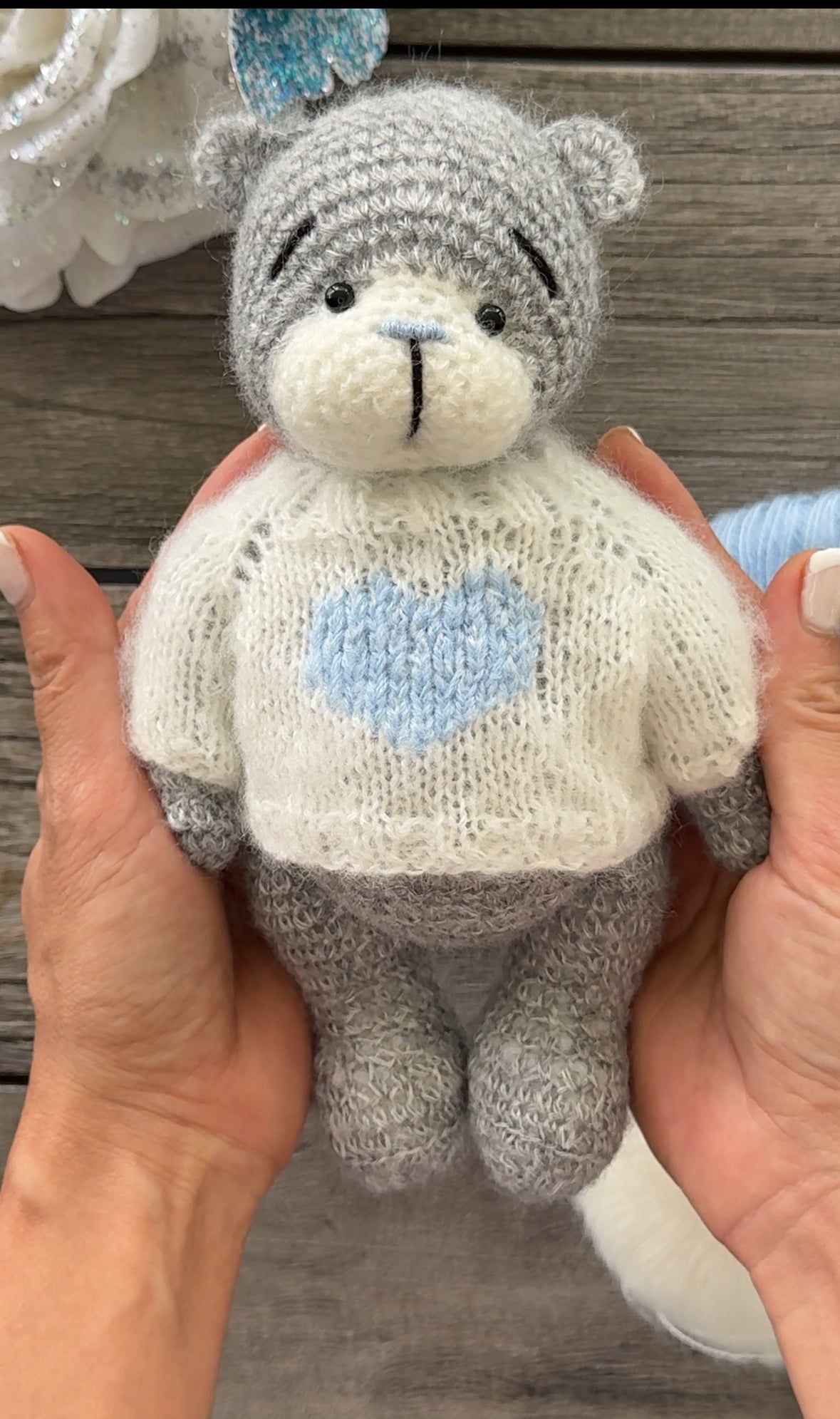 Grey Amigurumi Teddy Bear in the White Sweater with Heart Toy