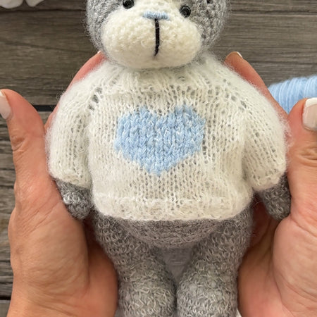 Grey Amigurumi Teddy Bear in the White Sweater with Heart Toy