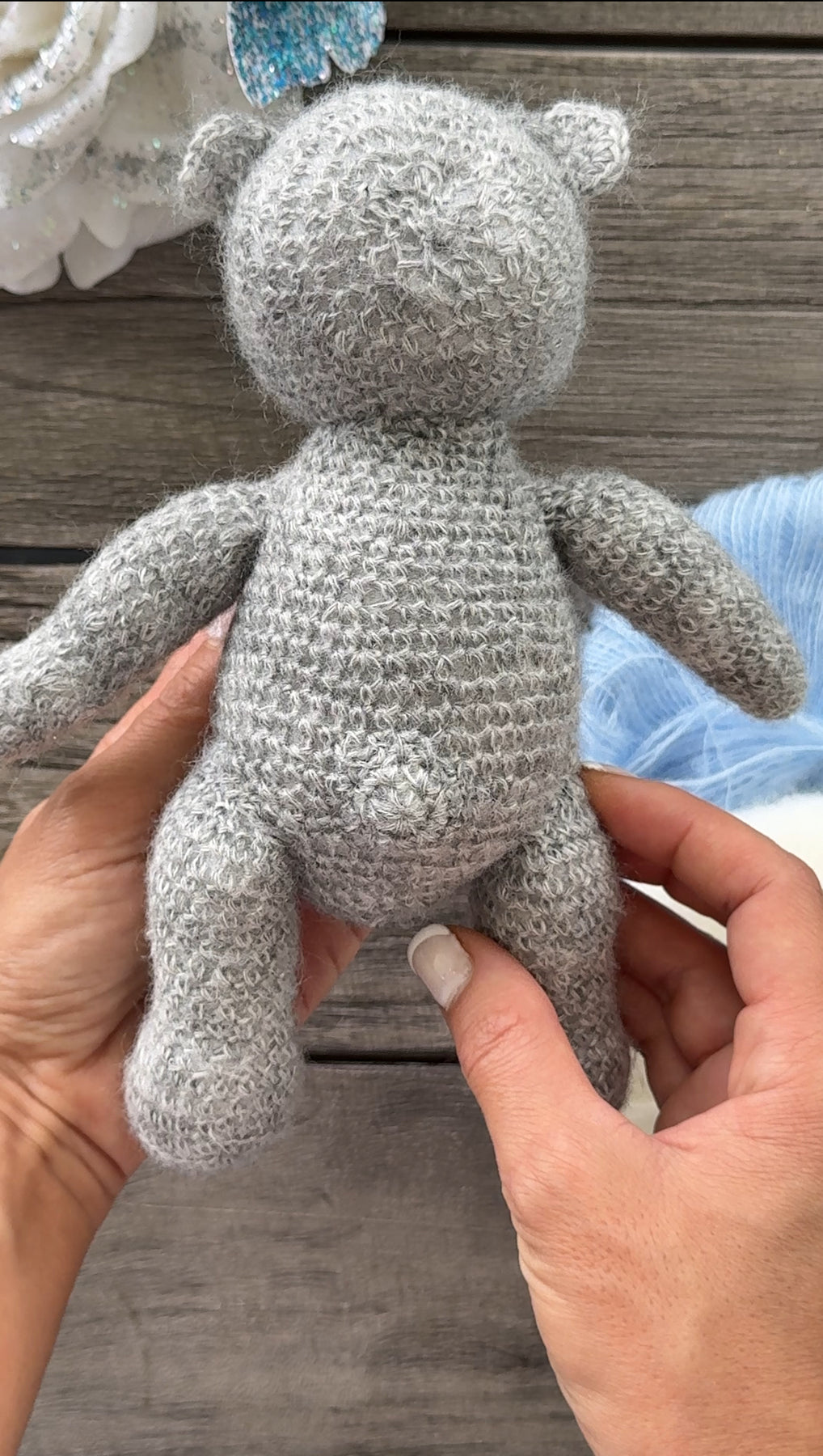 Grey Amigurumi Teddy Bear in the White Sweater with Heart Toy