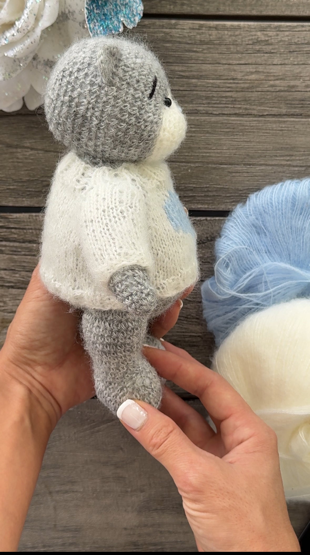 Grey Amigurumi Teddy Bear in the White Sweater with Heart Toy
