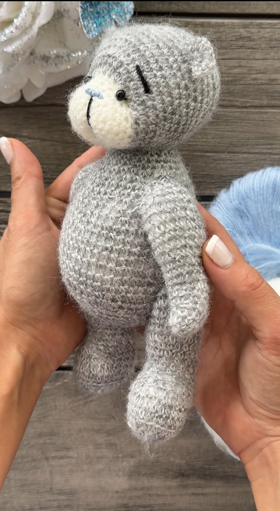 Grey Amigurumi Teddy Bear in the White Sweater with Heart Toy