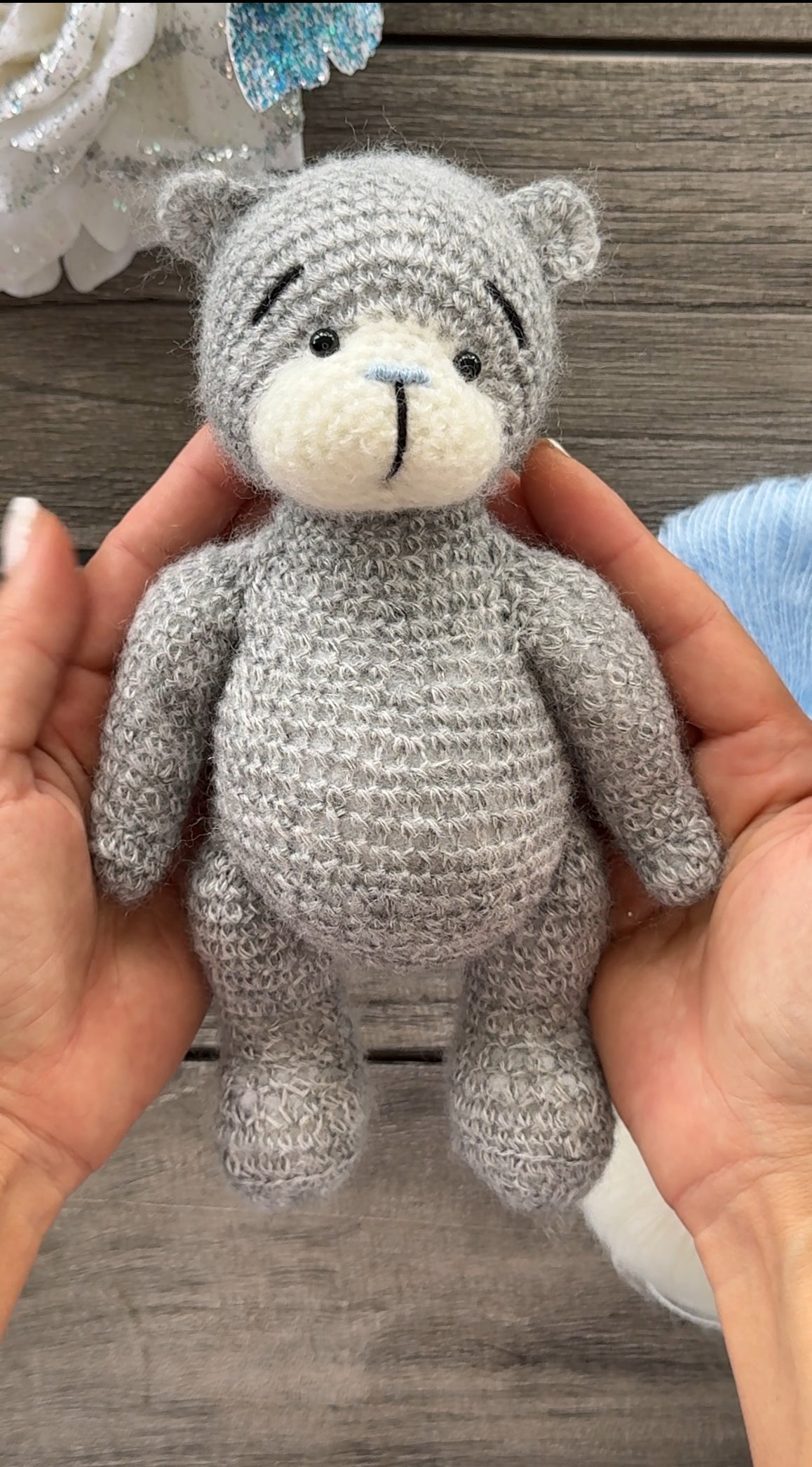 Grey Amigurumi Teddy Bear in the White Sweater with Heart Toy