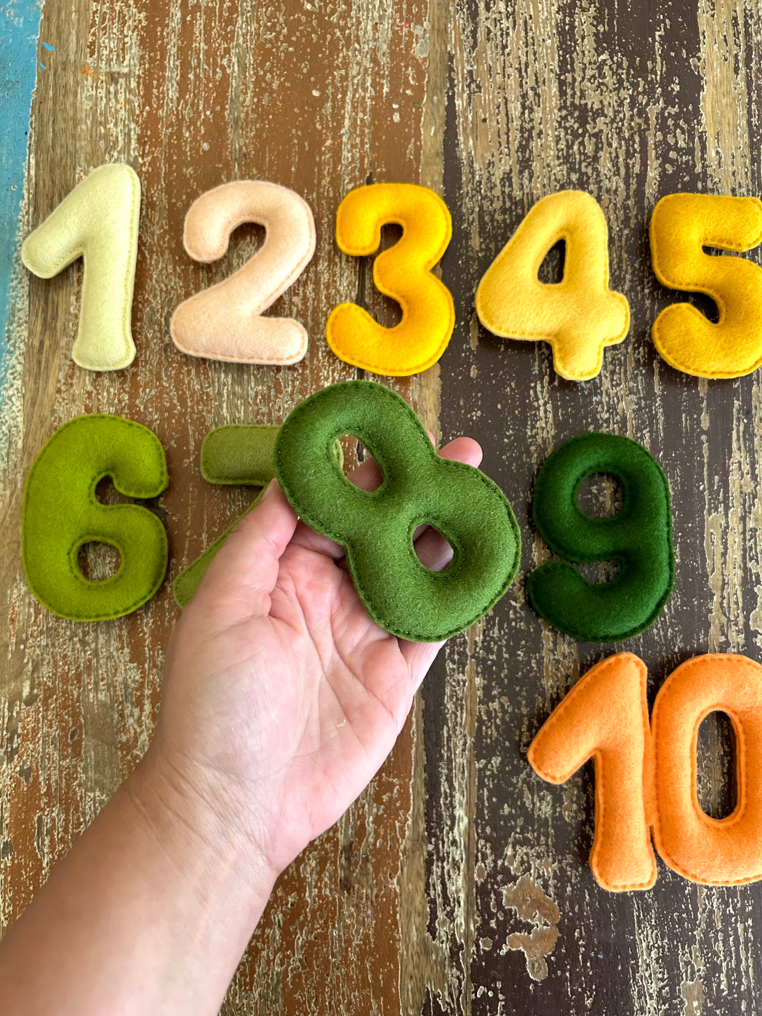 Ready to post, yellow, peach, green,Felt numbers, homeschool, preschool