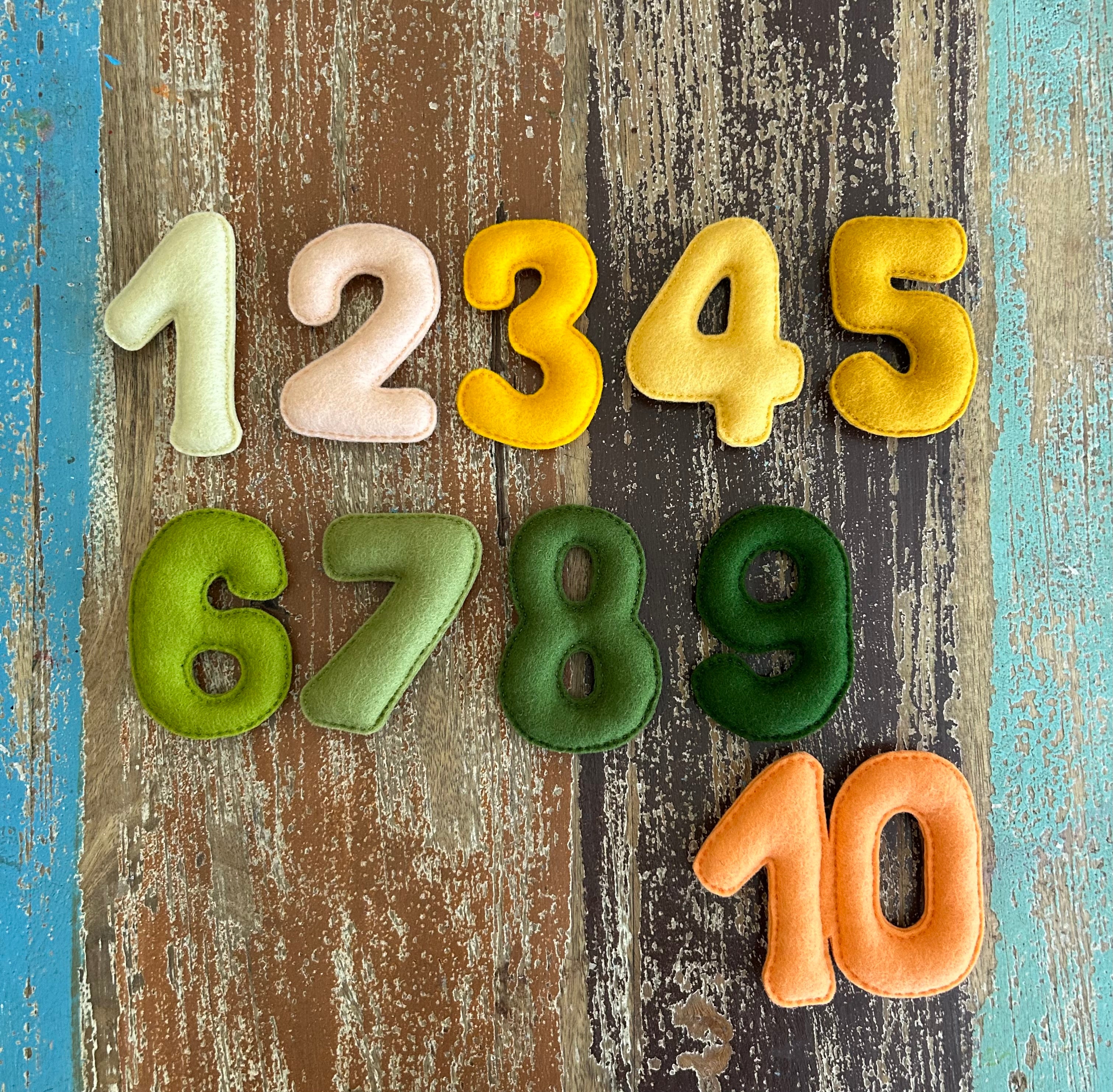 Ready to post, yellow, peach, green,Felt numbers, homeschool, preschool