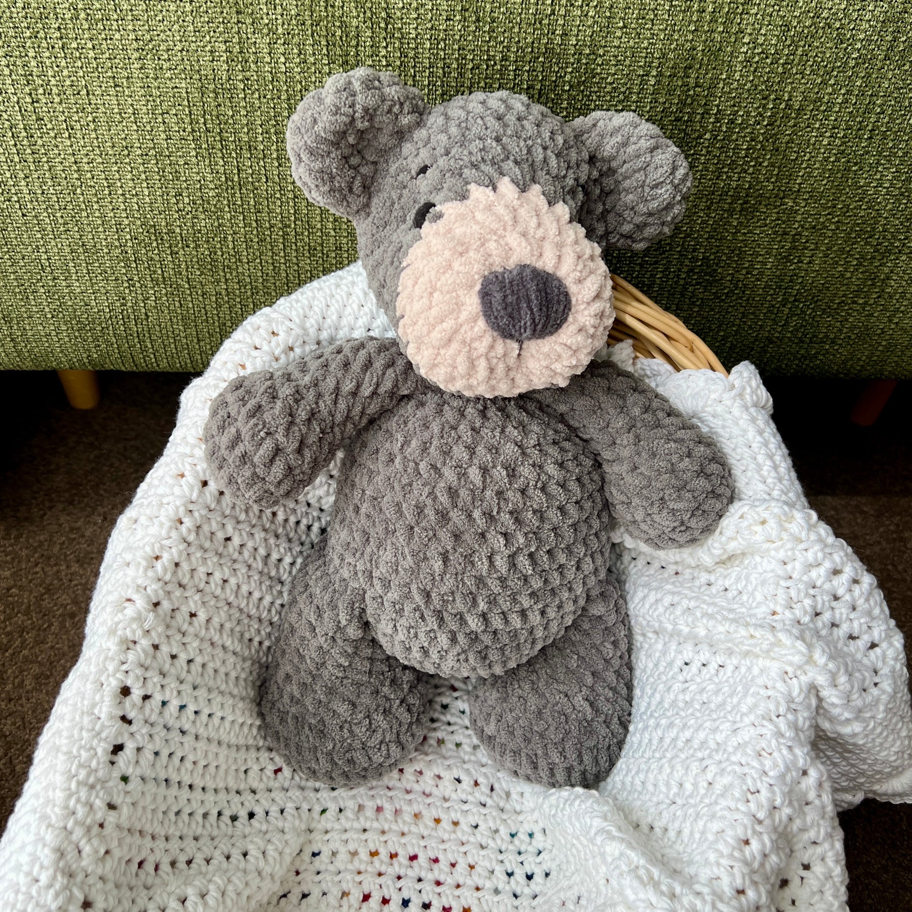 Handmade modern crochet large toy teddy plushie.