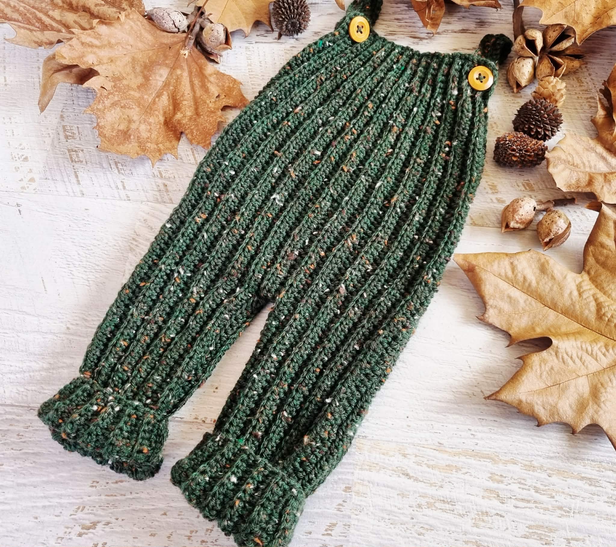 Baby Dungarees | Newborn | Overalls | Pants | Romper | Forest Green Tweed | Crochet