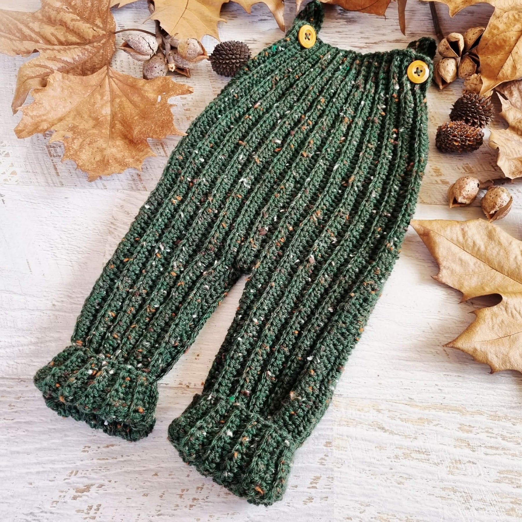 Baby Dungarees | Newborn | Overalls | Pants | Romper | Forest Green Tweed | Crochet