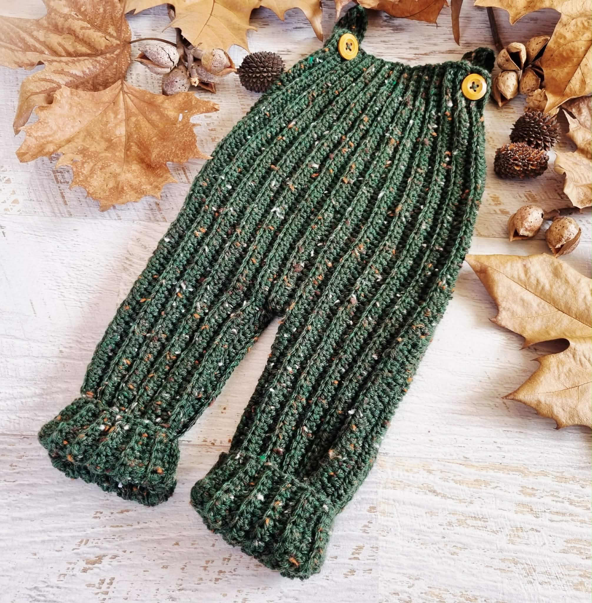 Baby Dungarees | Newborn | Overalls | Pants | Romper | Forest Green Tweed | Crochet