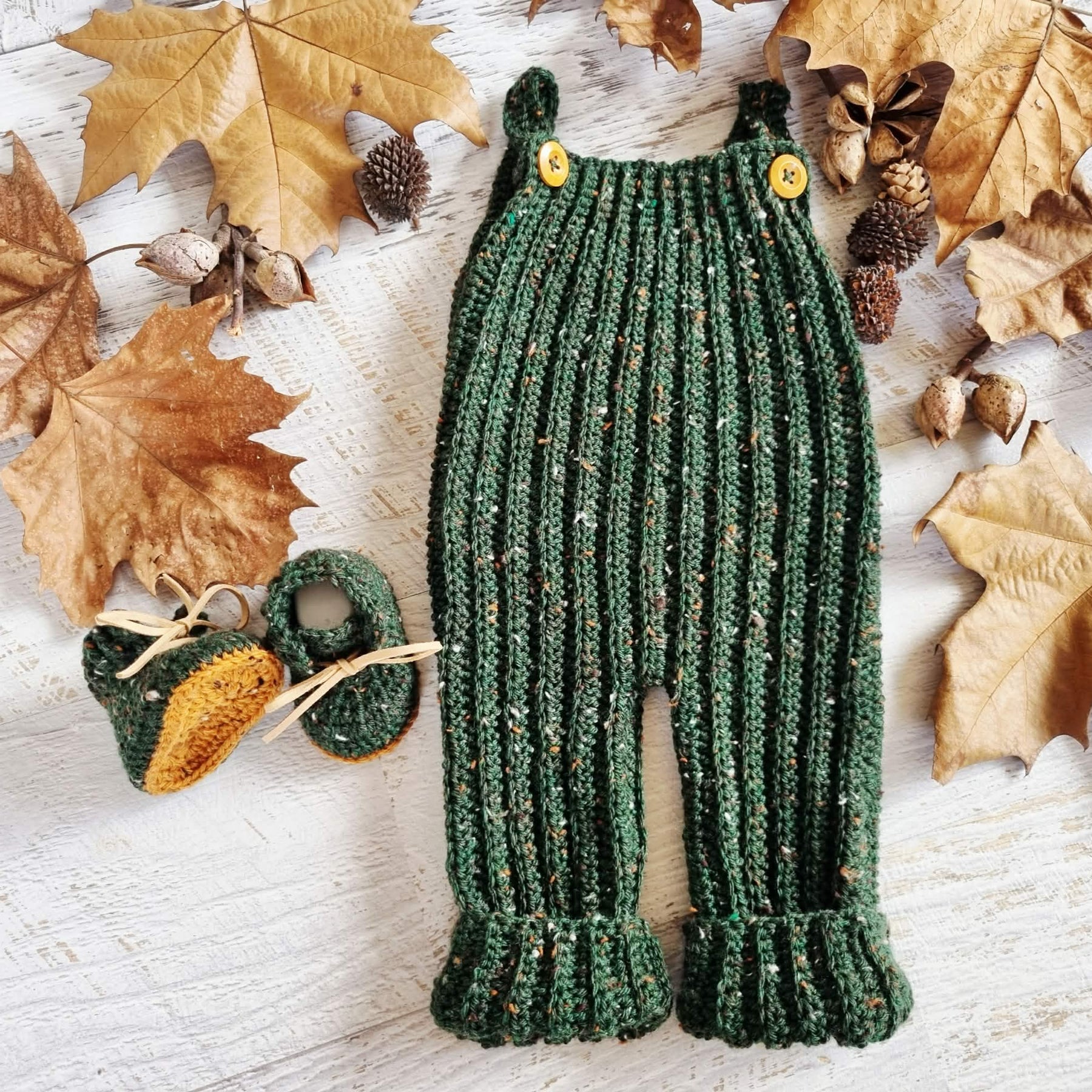 Baby Dungarees | Newborn | Overalls | Pants | Romper | Forest Green Tweed | Crochet