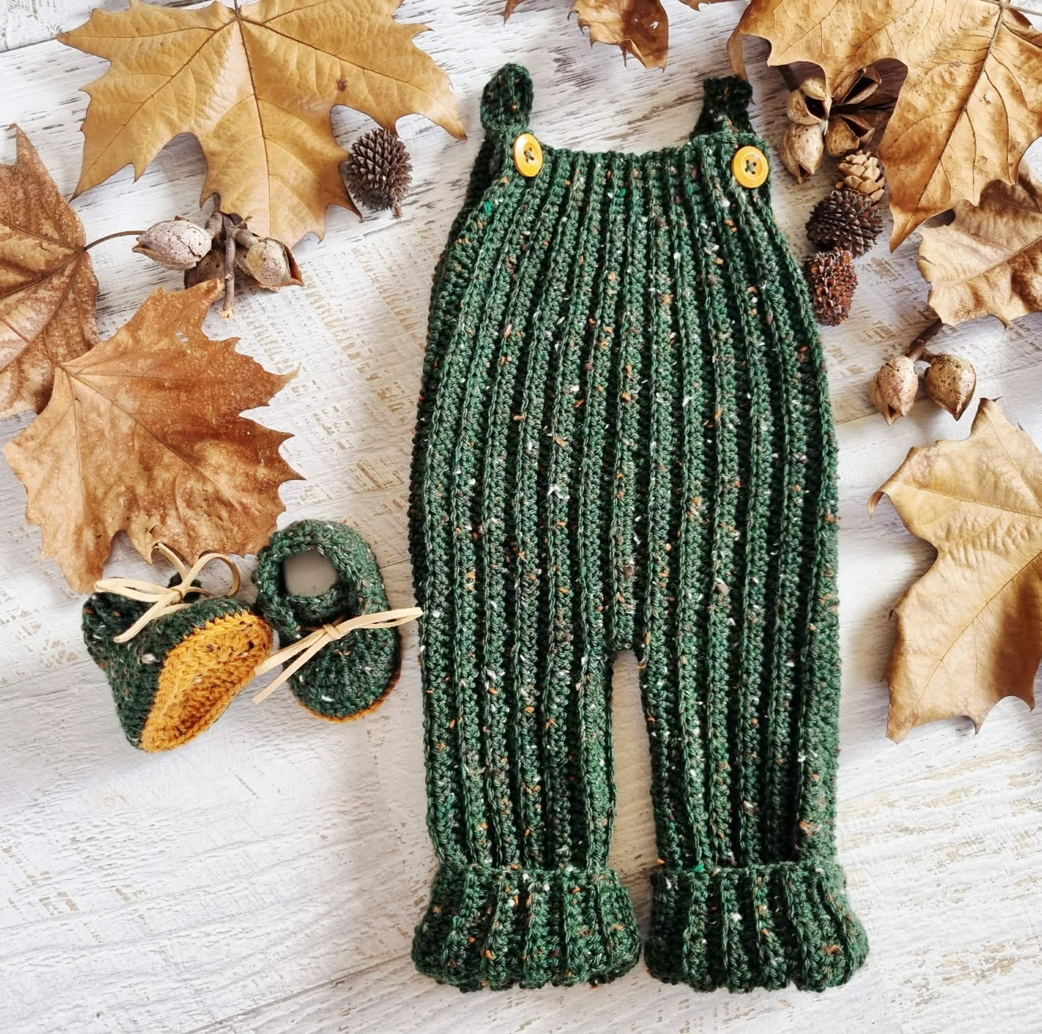 Baby Dungarees | Newborn | Overalls | Pants | Romper | Forest Green Tweed | Crochet