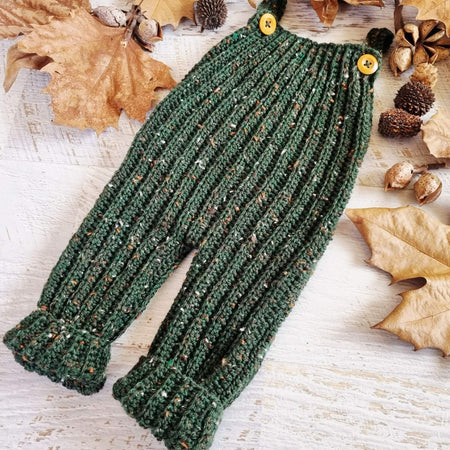 Baby Dungarees | Newborn | Overalls | Pants | Romper | Forest Green Tweed | Crochet