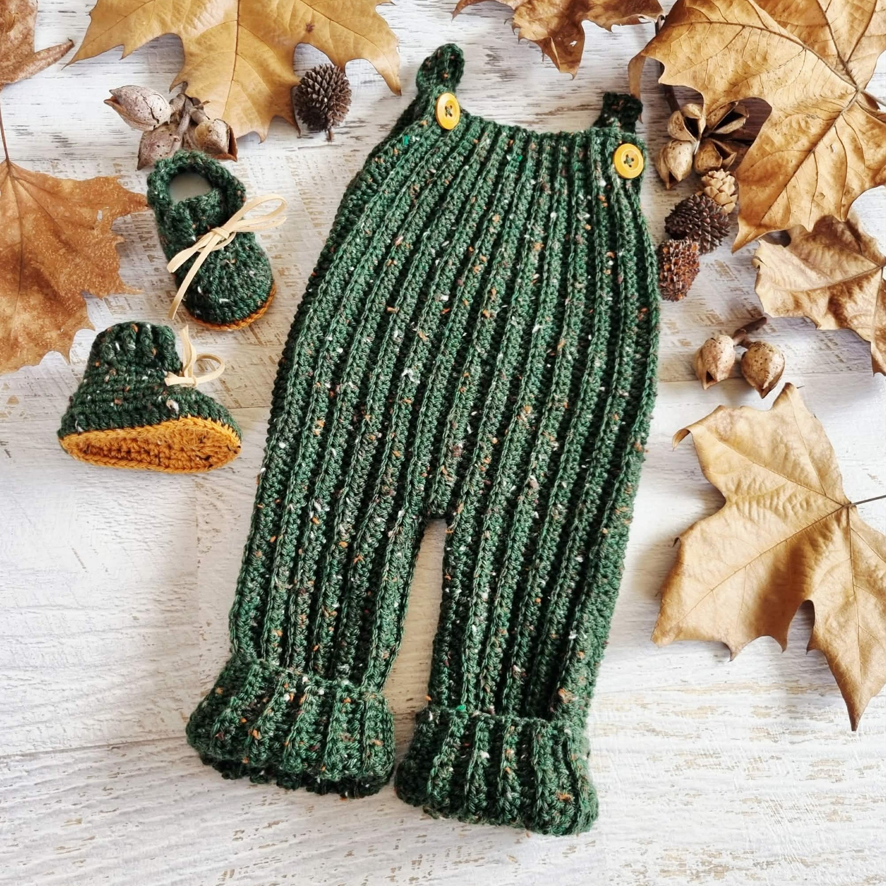 Baby Dungarees | Newborn | Overalls | Pants | Romper | Forest Green Tweed | Crochet